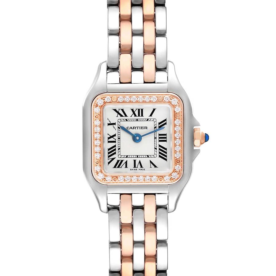 The Cartier Panthere watch is shown from a top-down angle, displaying its face, bezel with diamonds, crown, and two-tone bracelet.