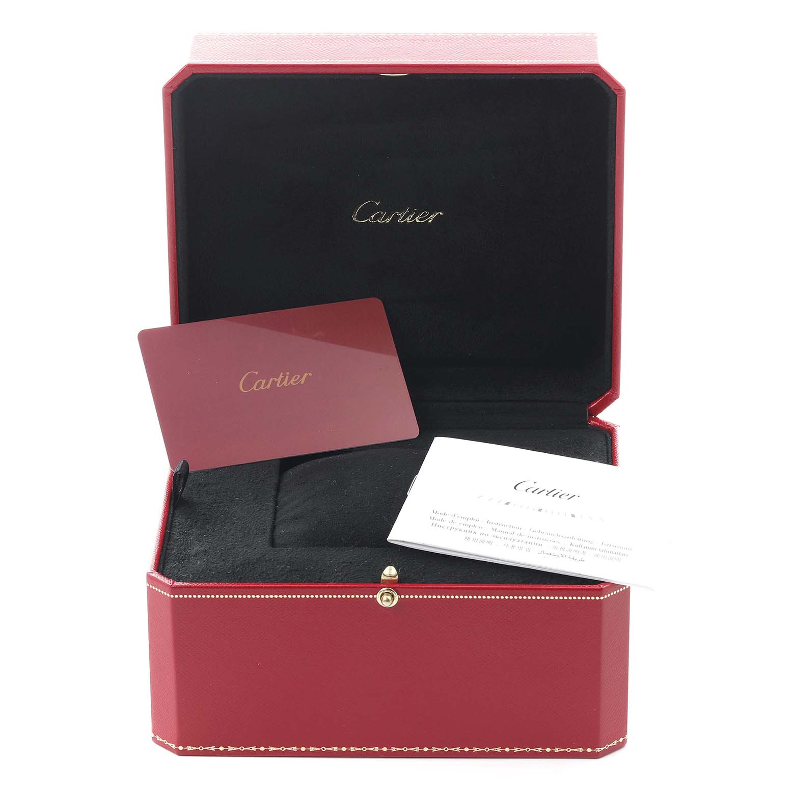 The image shows a Cartier Panthere W3PN0006 Women's Steel and Gold (two tone) Silver Dial W3PN0006 Women's Steel and Gold (two tone) Silver Dial watch box with a red card and certificate inside.