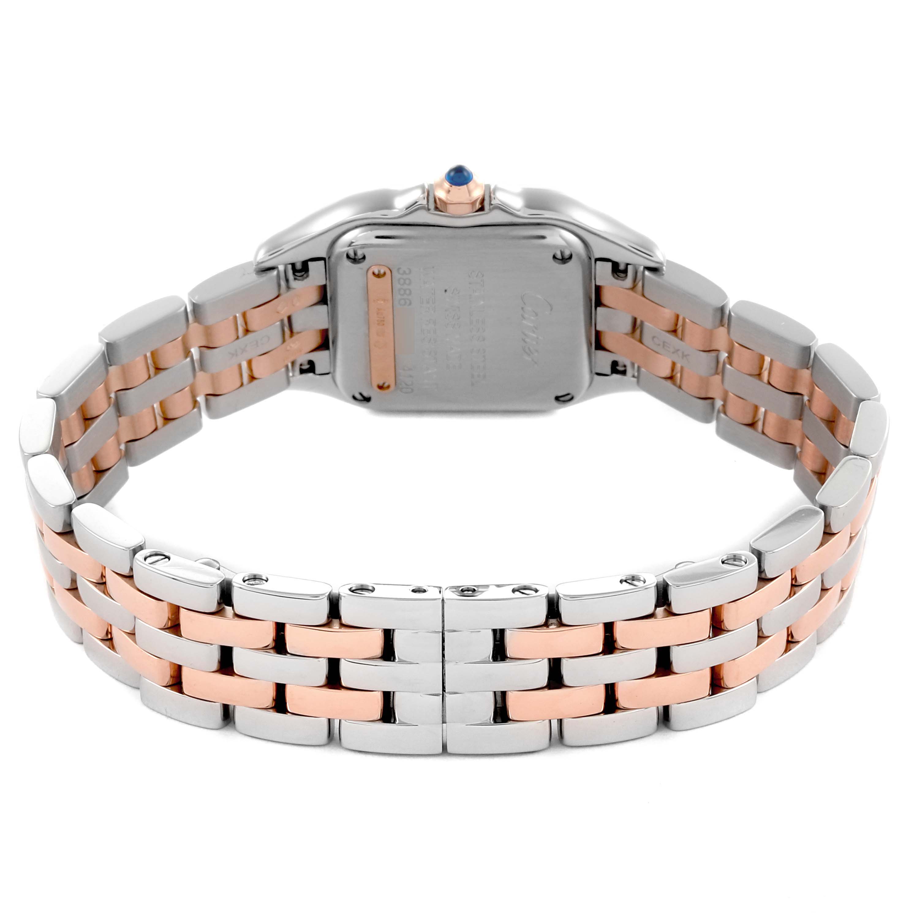 The image shows the back of a Cartier Panthere W3PN0006 Women's Steel and Gold (two tone) Silver Dial W3PN0006 Women's Steel and Gold (two tone) Silver Dial watch, highlighting its metal bracelet and case back.