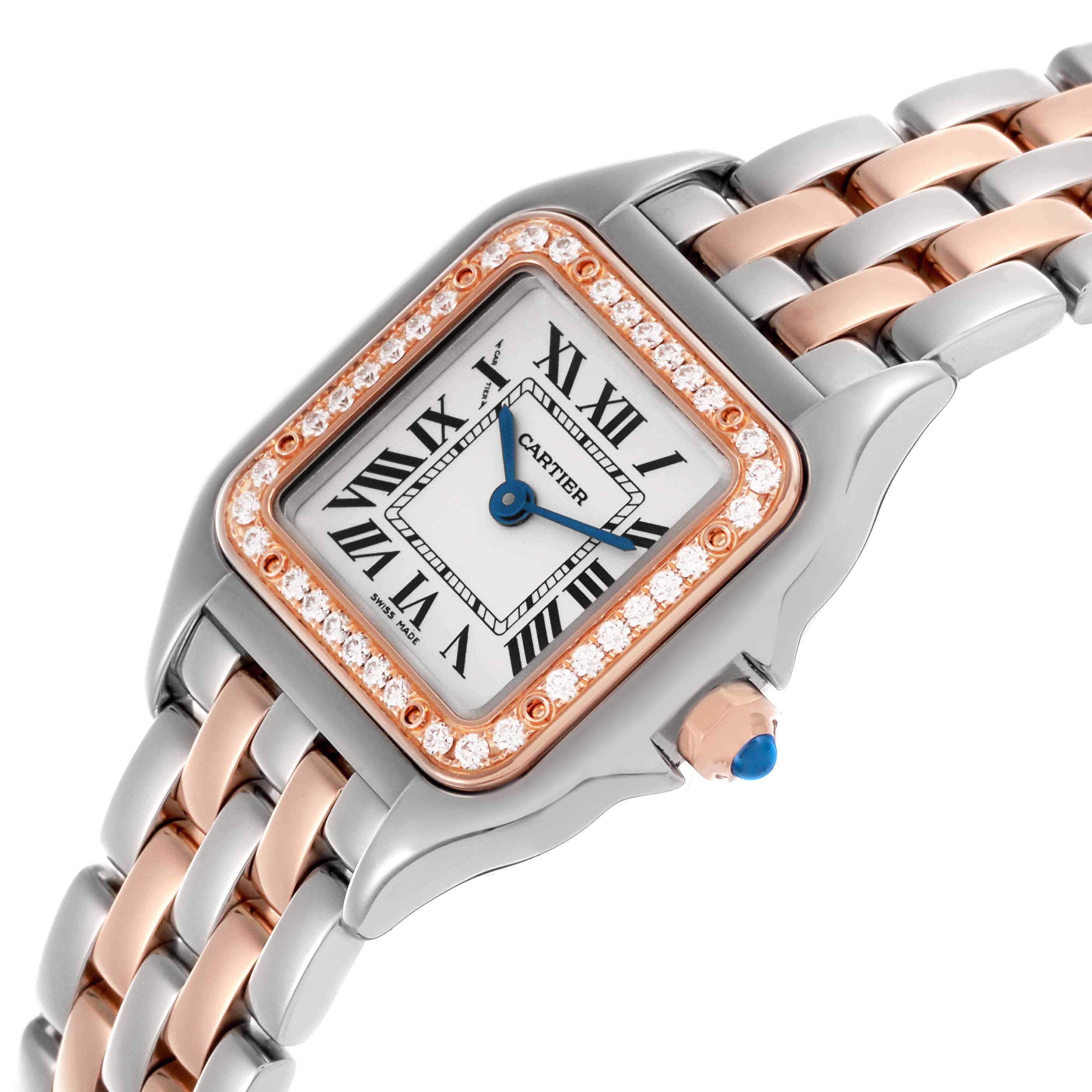 The Cartier Panthere W3PN0006 Women's Steel and Gold (two tone) Silver Dial W3PN0006 Women's Steel and Gold (two tone) Silver Dial watch is shown at an angled view, highlighting the square face, diamond bezel, and two-tone bracelet.