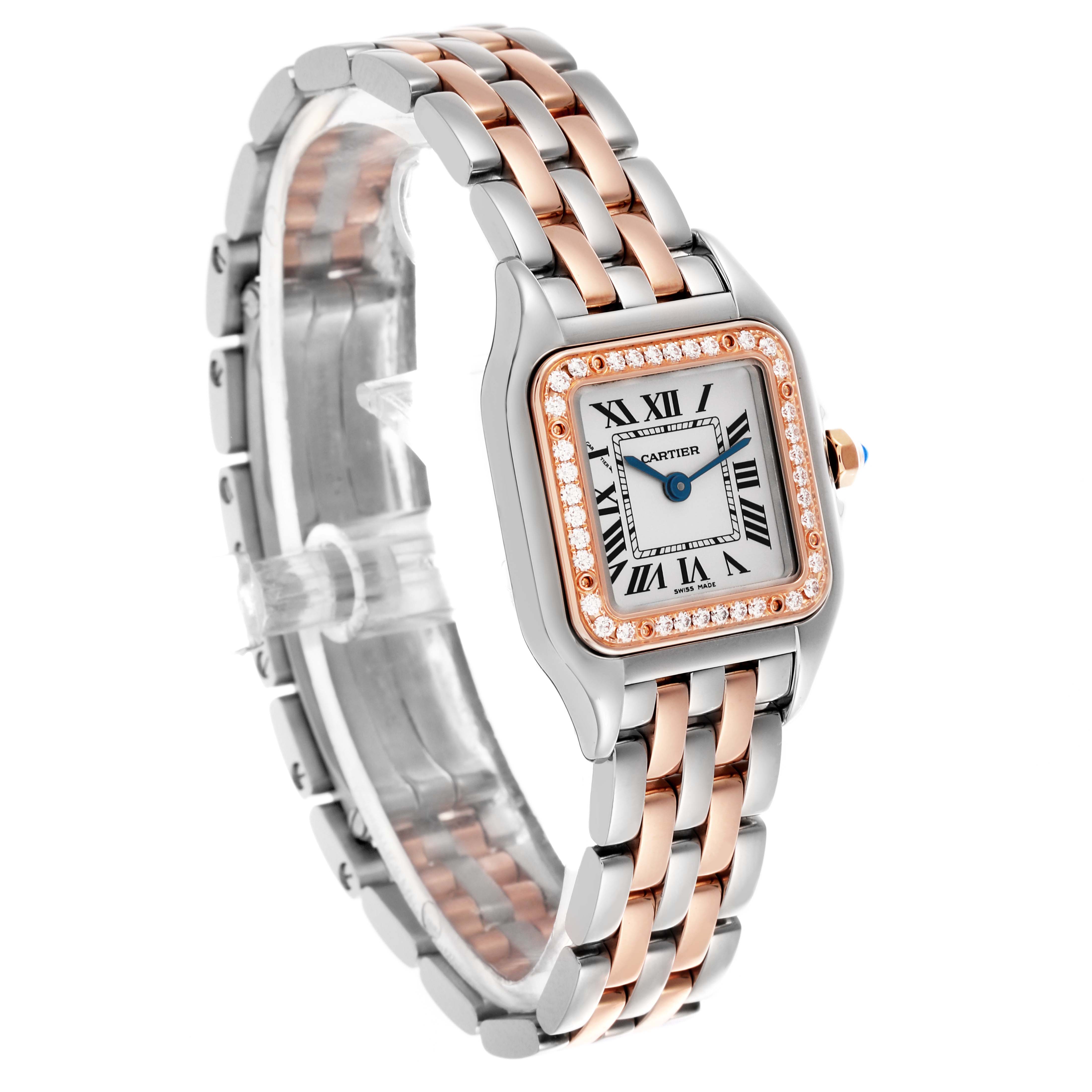 The Cartier Panthere W3PN0006 Women's Steel and Gold (two tone) Silver Dial W3PN0006 Women's Steel and Gold (two tone) Silver Dial watch is shown at a three-quarter angle, highlighting the dual-tone bracelet and diamond-accented bezel.