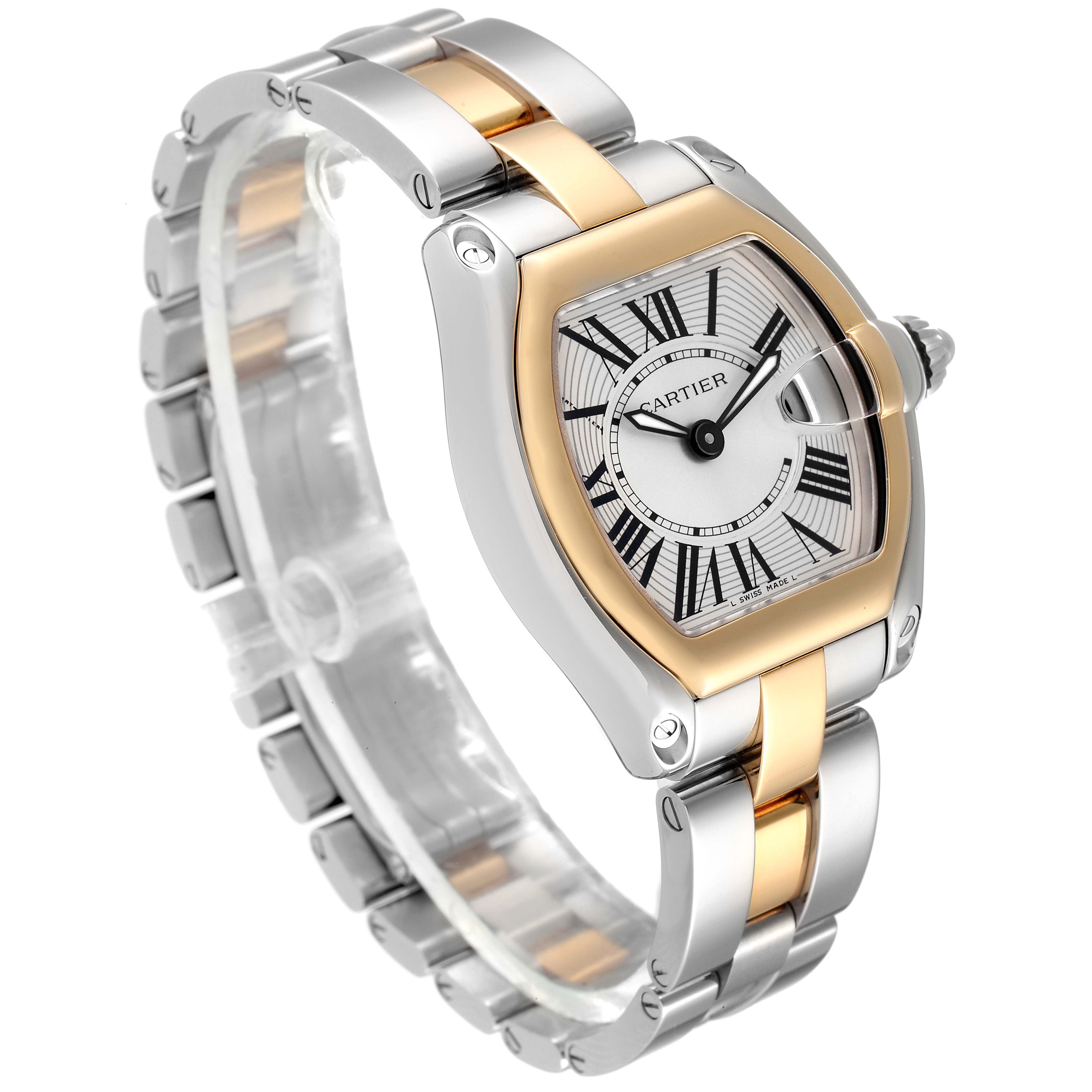 The image shows a Cartier Roadster W62026Y4 Women's Steel and Gold (two tone) Silver Dial W62026Y4 Women's Steel and Gold (two tone) Silver Dial watch from an angled perspective, highlighting its face, bezel, and bracelet.