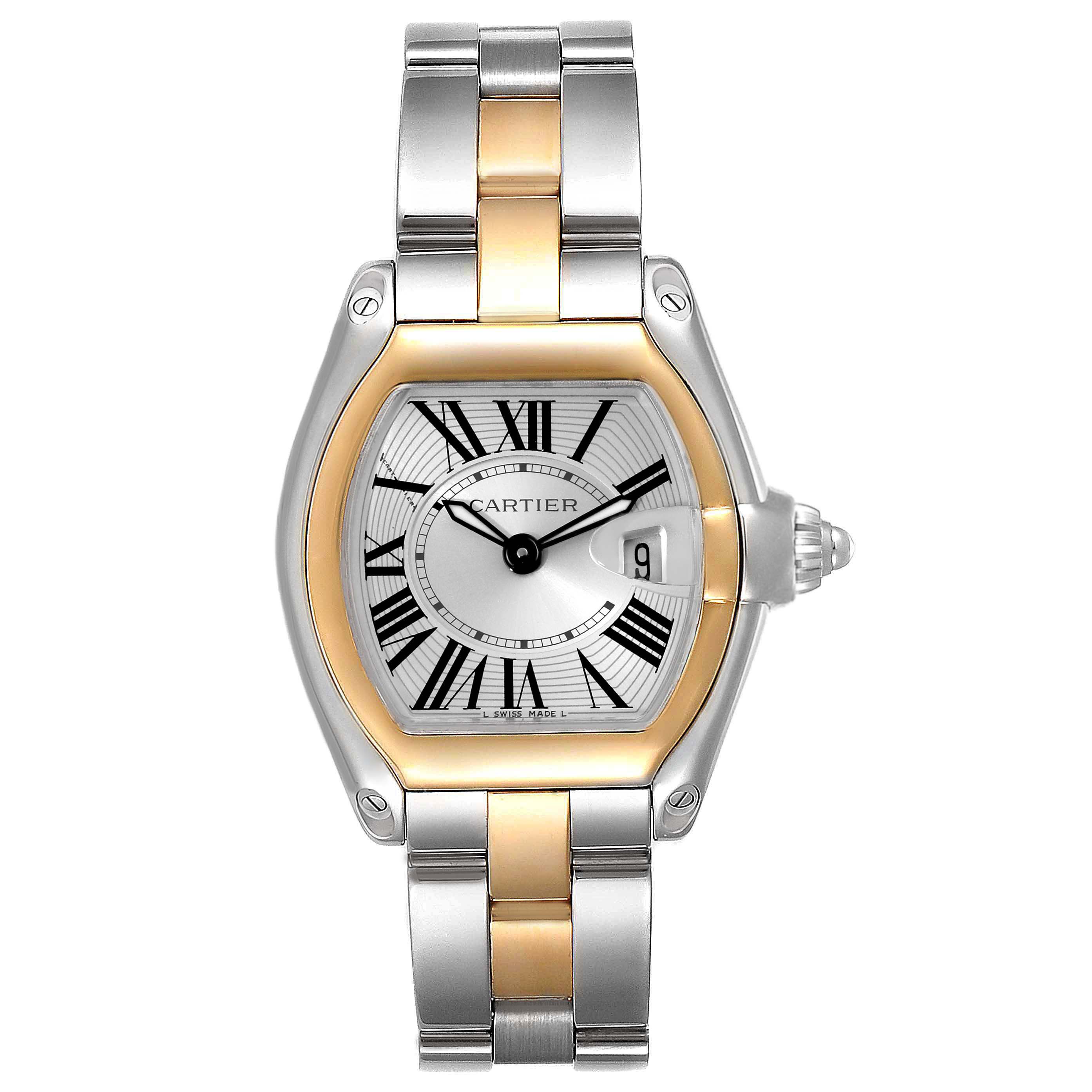 The Cartier Roadster W62026Y4 Women's Steel and Gold (two tone) Silver Dial W62026Y4 Women's Steel and Gold (two tone) Silver Dial watch is shown from a front angle, highlighting the face, bezel, and two-tone bracelet.