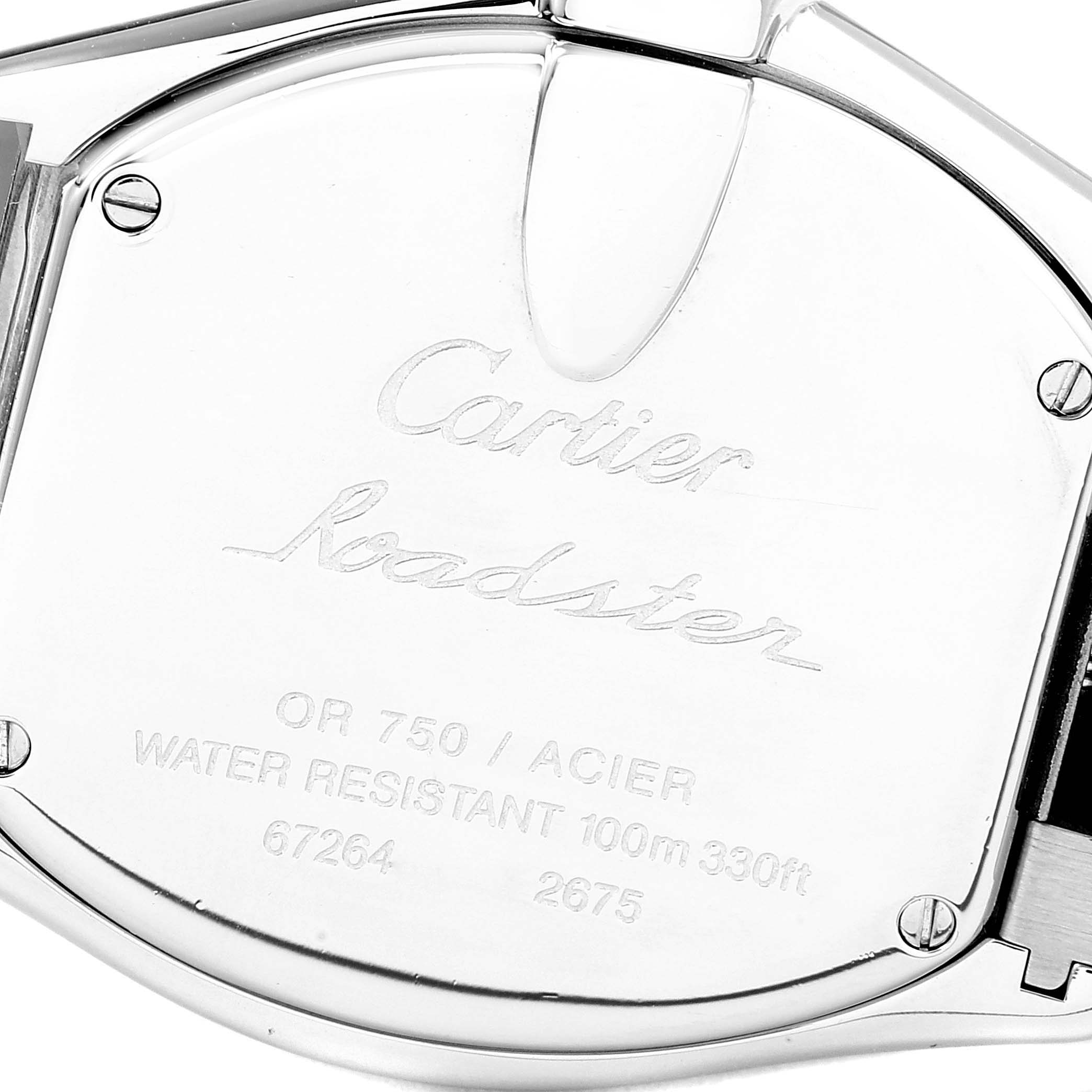 This image shows the case back of the Cartier Roadster W62026Y4 Women's Steel and Gold (two tone) Silver Dial W62026Y4 Women's Steel and Gold (two tone) Silver Dial watch.
