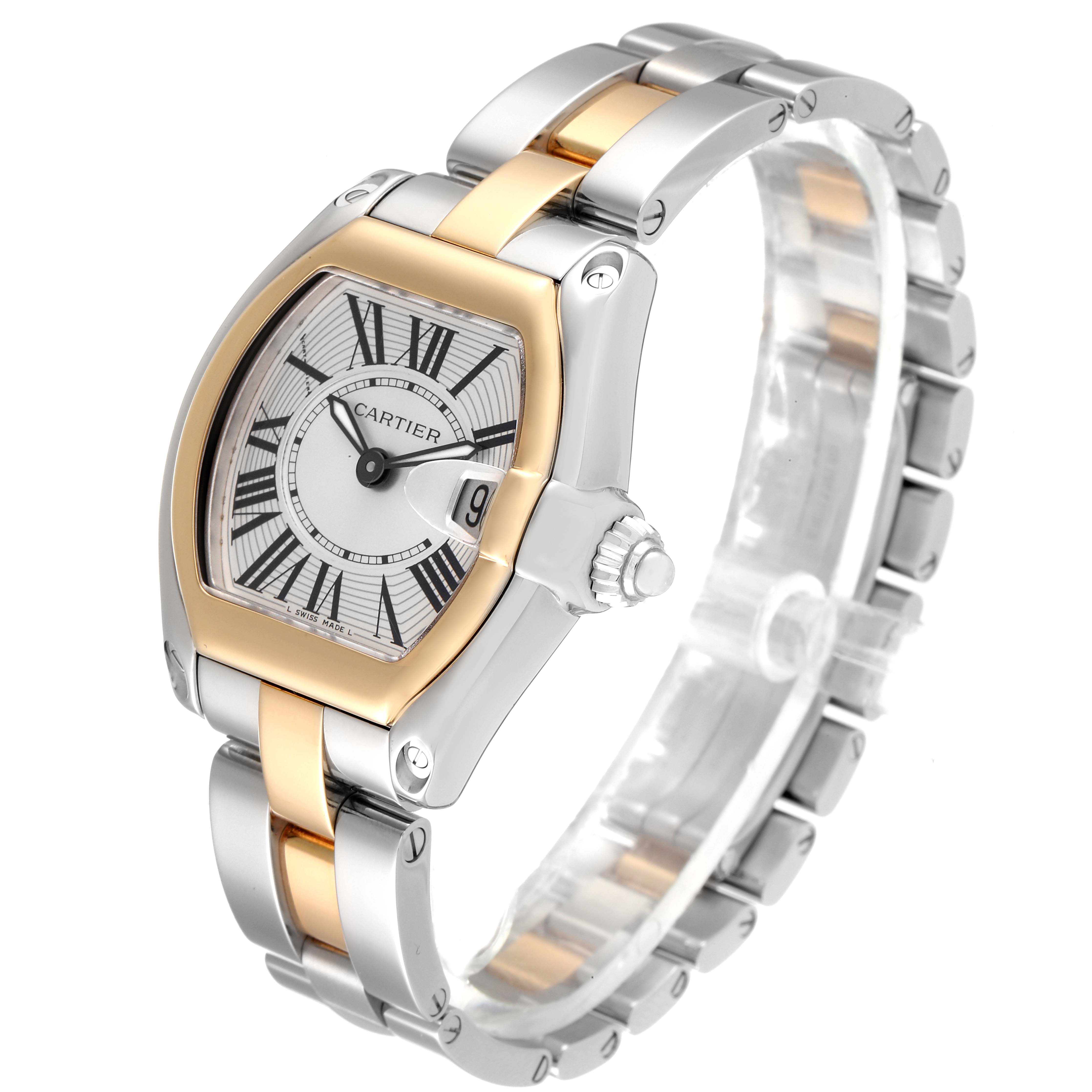 This is a Cartier Roadster W62026Y4 Women's Steel and Gold (two tone) Silver Dial W62026Y4 Women's Steel and Gold (two tone) Silver Dial watch, viewed at an angle showcasing the face, bezel, crown, and bracelet.