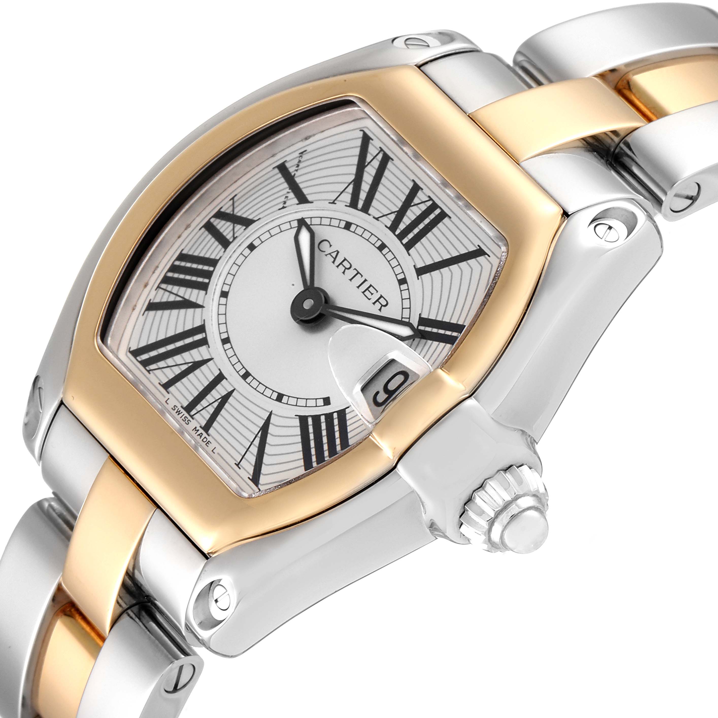 The image shows the Cartier Roadster W62026Y4 Women's Steel and Gold (two tone) Silver Dial W62026Y4 Women's Steel and Gold (two tone) Silver Dial watch dial and bracelet from an angled side view, highlighting its gold and silver tones.