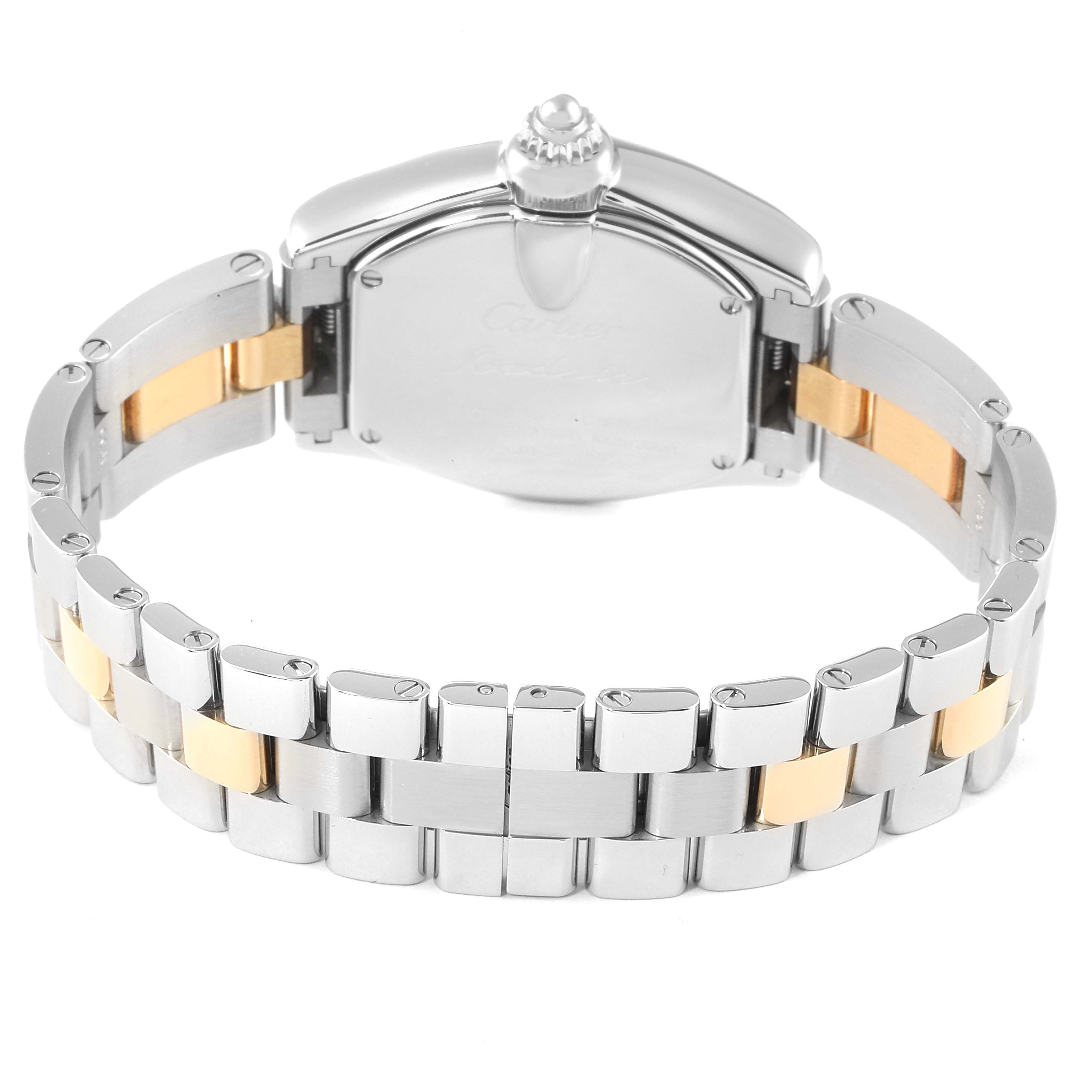 This image shows the back of a Cartier Roadster W62026Y4 Women's Steel and Gold (two tone) Silver Dial W62026Y4 Women's Steel and Gold (two tone) Silver Dial watch, featuring its dual-tone bracelet.