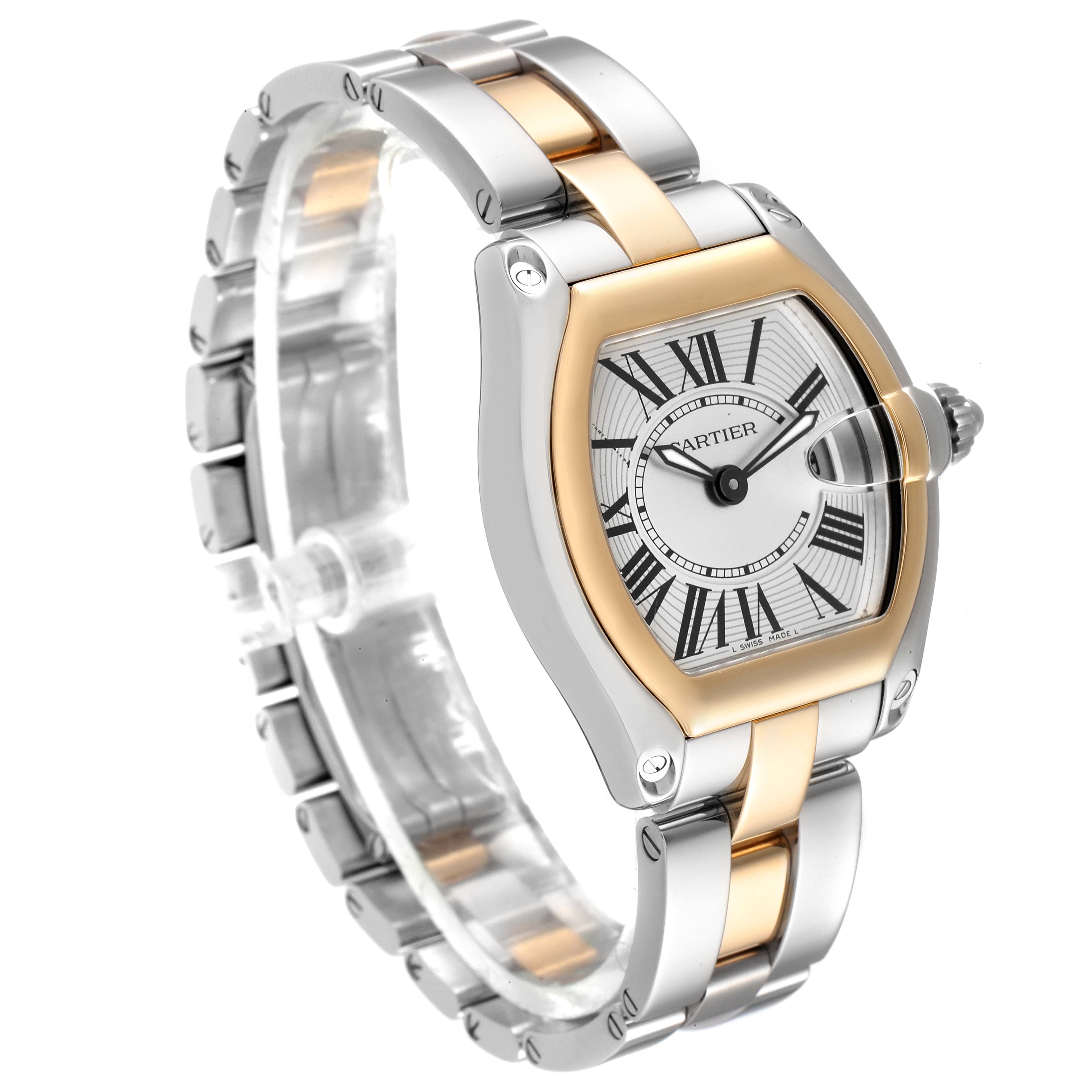 The image shows a Cartier Roadster W62026Y4 Women
s Steel and Gold (two tone) Silver Dial W62026Y4 Women
s Steel and Gold (two tone) Silver Dial watch at a three-quarter angle, highlighting its dial, bracelet, and bezel.
