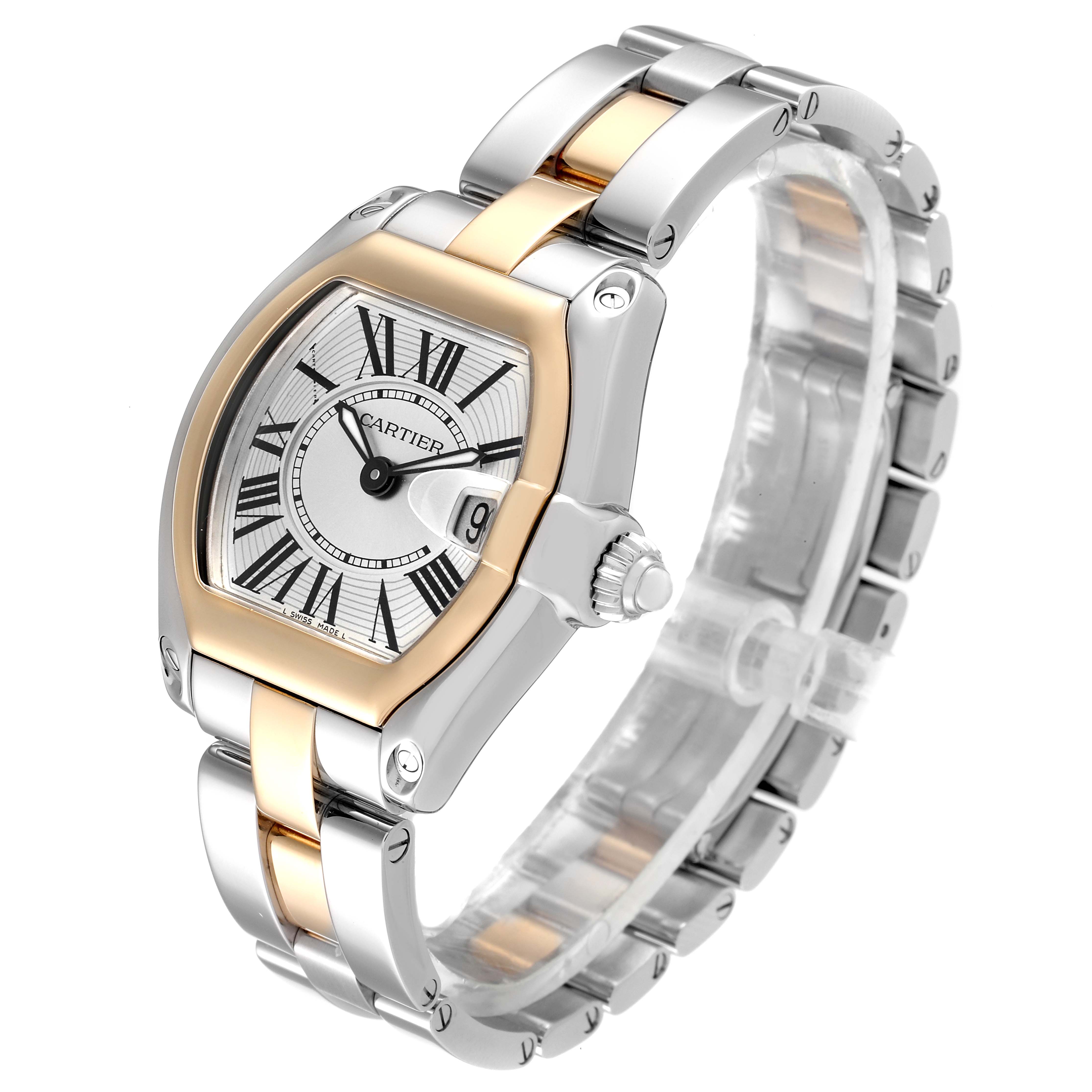The Cartier Roadster W62026Y4 Women
s Steel and Gold (two tone) Silver Dial W62026Y4 Women
s Steel and Gold (two tone) Silver Dial watch is shown at an angle revealing the face, bezel, crown, and bracelet.