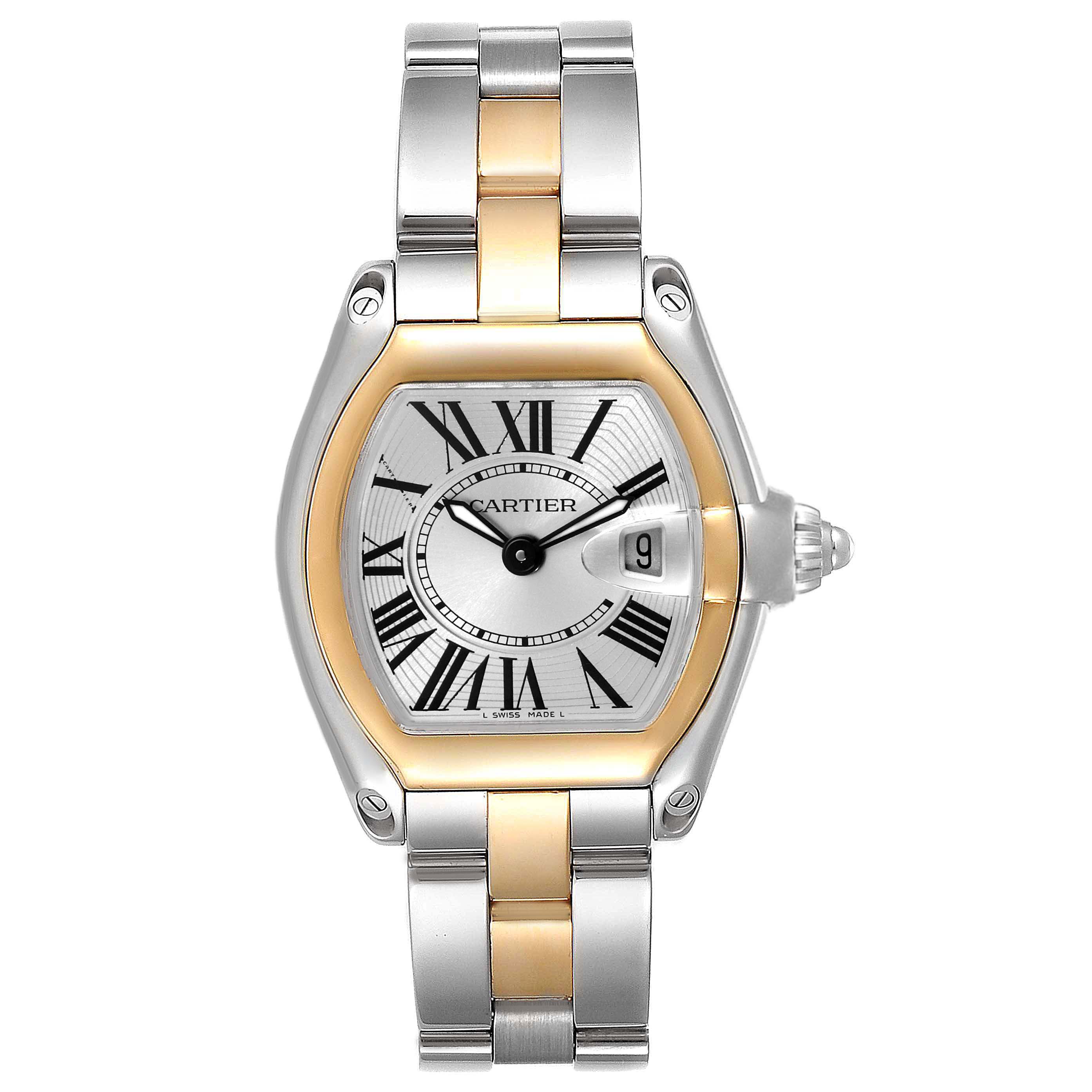 The Cartier Roadster W62026Y4 Women
s Steel and Gold (two tone) Silver Dial W62026Y4 Women
s Steel and Gold (two tone) Silver Dial watch is shown from the front, displaying the dial, bezel, case, and bracelet.