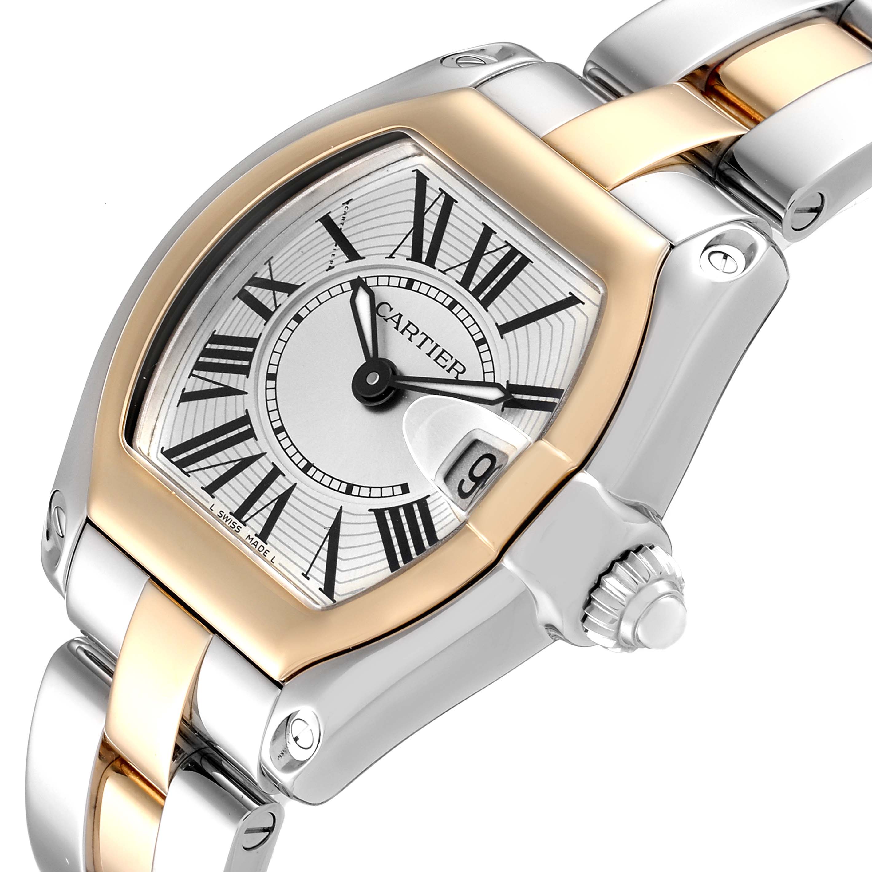 The image shows a close-up of a Cartier Roadster W62026Y4 Women
s Steel and Gold (two tone) Silver Dial W62026Y4 Women
s Steel and Gold (two tone) Silver Dial watch featuring the dial, case, and part of the bracelet.