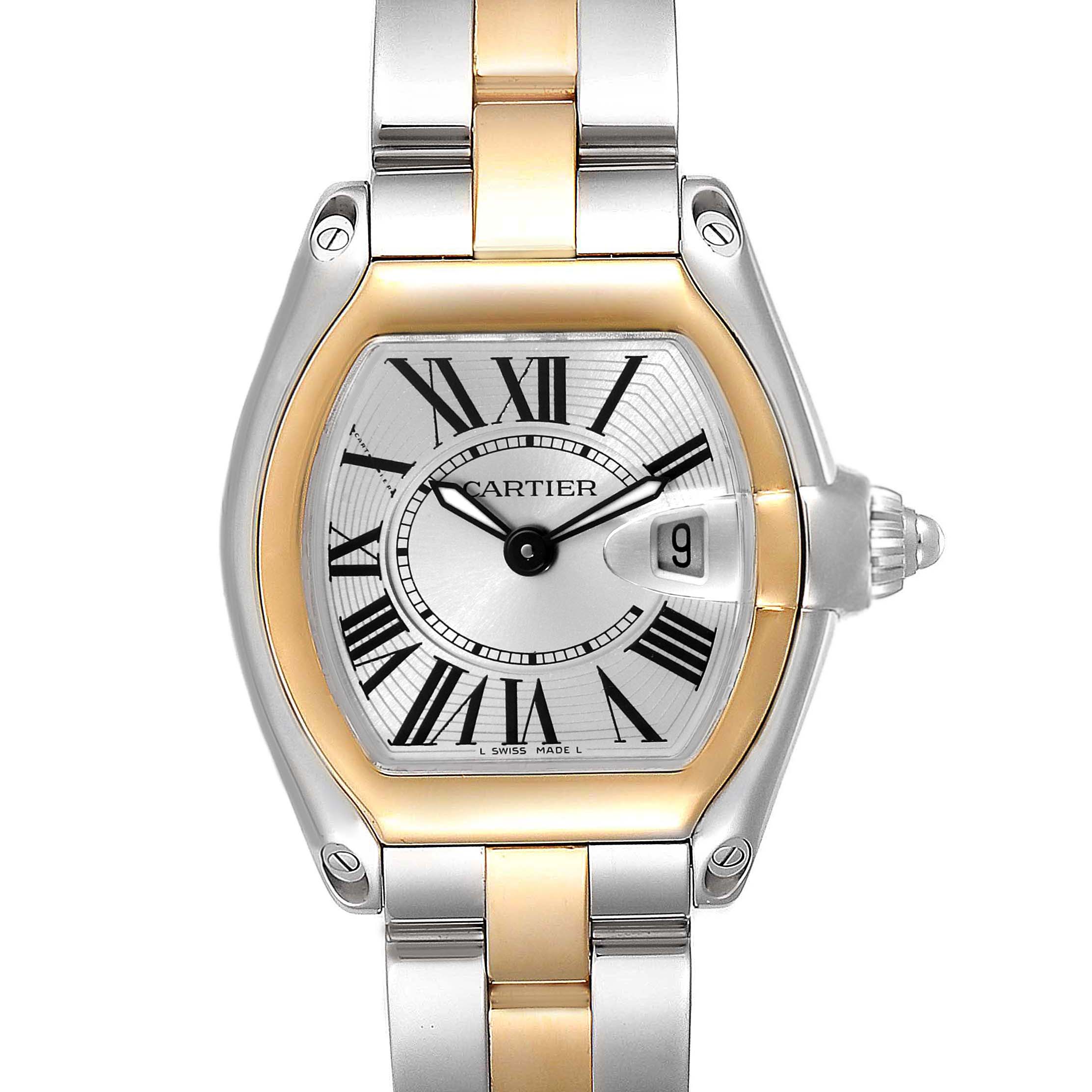 The image shows a front view of the Cartier Roadster W62026Y4 Women
s Steel and Gold (two tone) Silver Dial W62026Y4 Women
s Steel and Gold (two tone) Silver Dial watch, featuring its face, bezel, crown, and part of the bracelet.