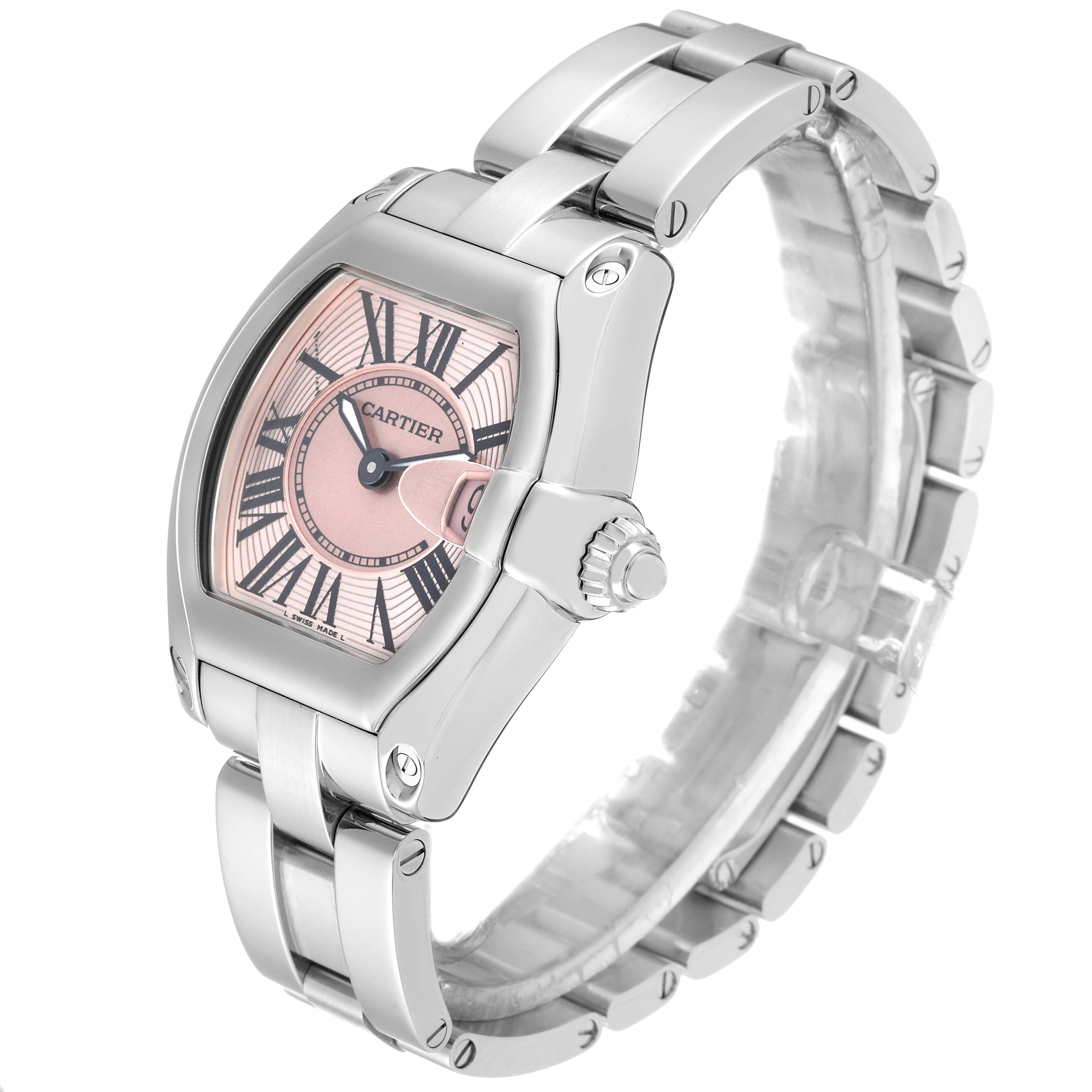 The image shows an angled view of the Cartier Roadster W62017V3 Women's Stainless Steel Pink Dial W62017V3 Women's Stainless Steel Pink Dial watch, focusing on the dial, crown, and partial bracelet.