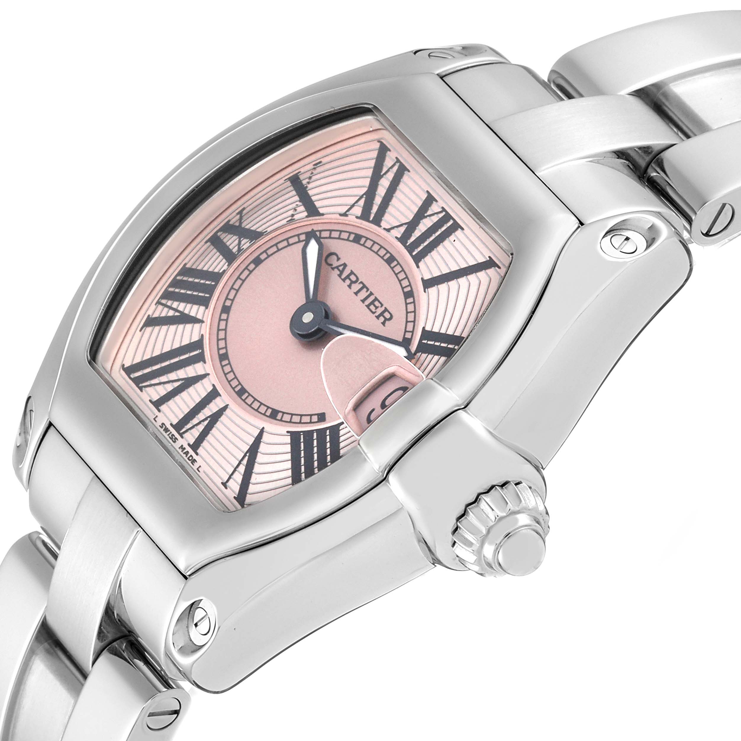 The image shows a close-up view of the Cartier Roadster W62017V3 Women's Stainless Steel Pink Dial W62017V3 Women's Stainless Steel Pink Dial watch face and part of the bracelet.