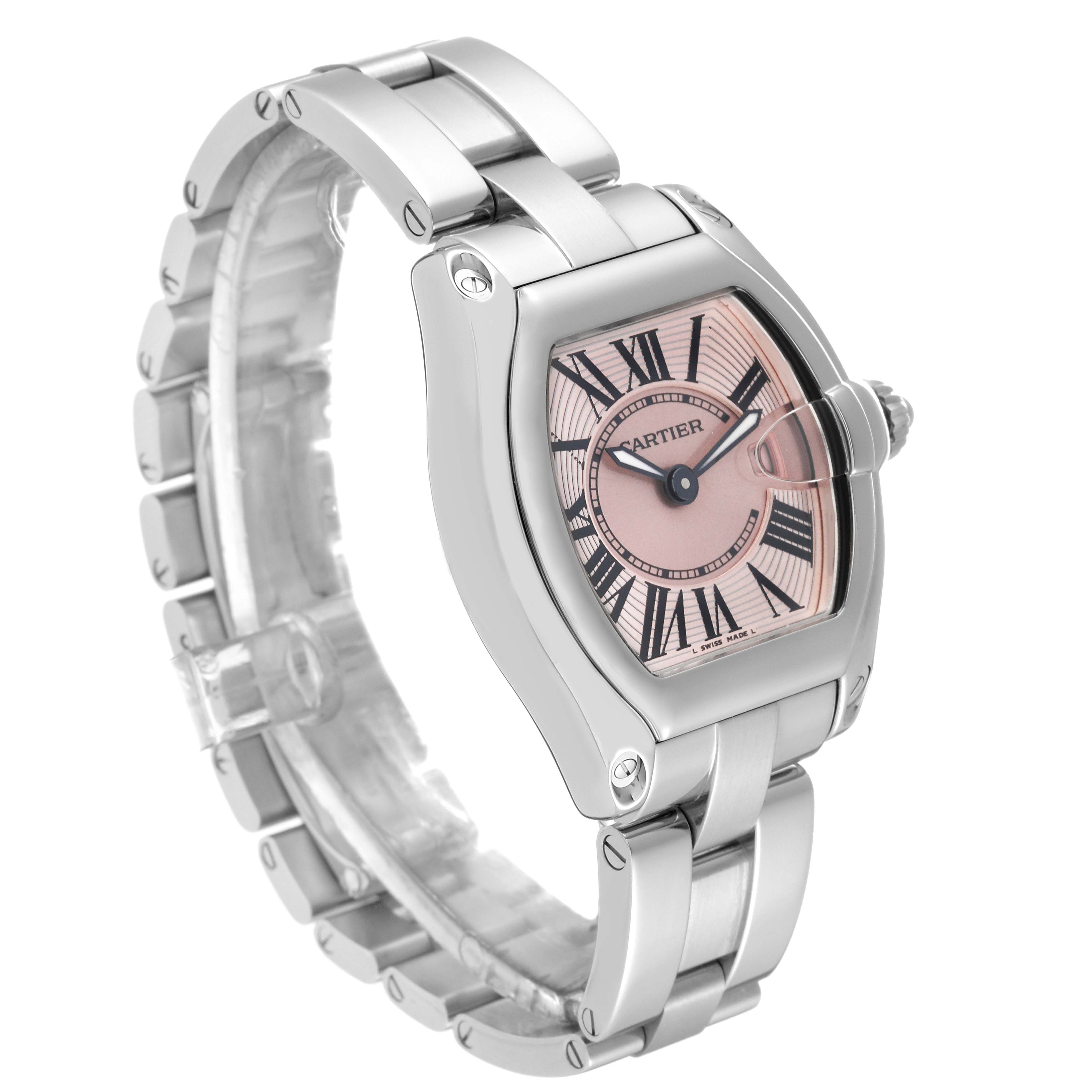 The image shows a three-quarter angle view of a Cartier Roadster W62017V3 Women's Stainless Steel Pink Dial W62017V3 Women's Stainless Steel Pink Dial watch, highlighting the face and metal bracelet.