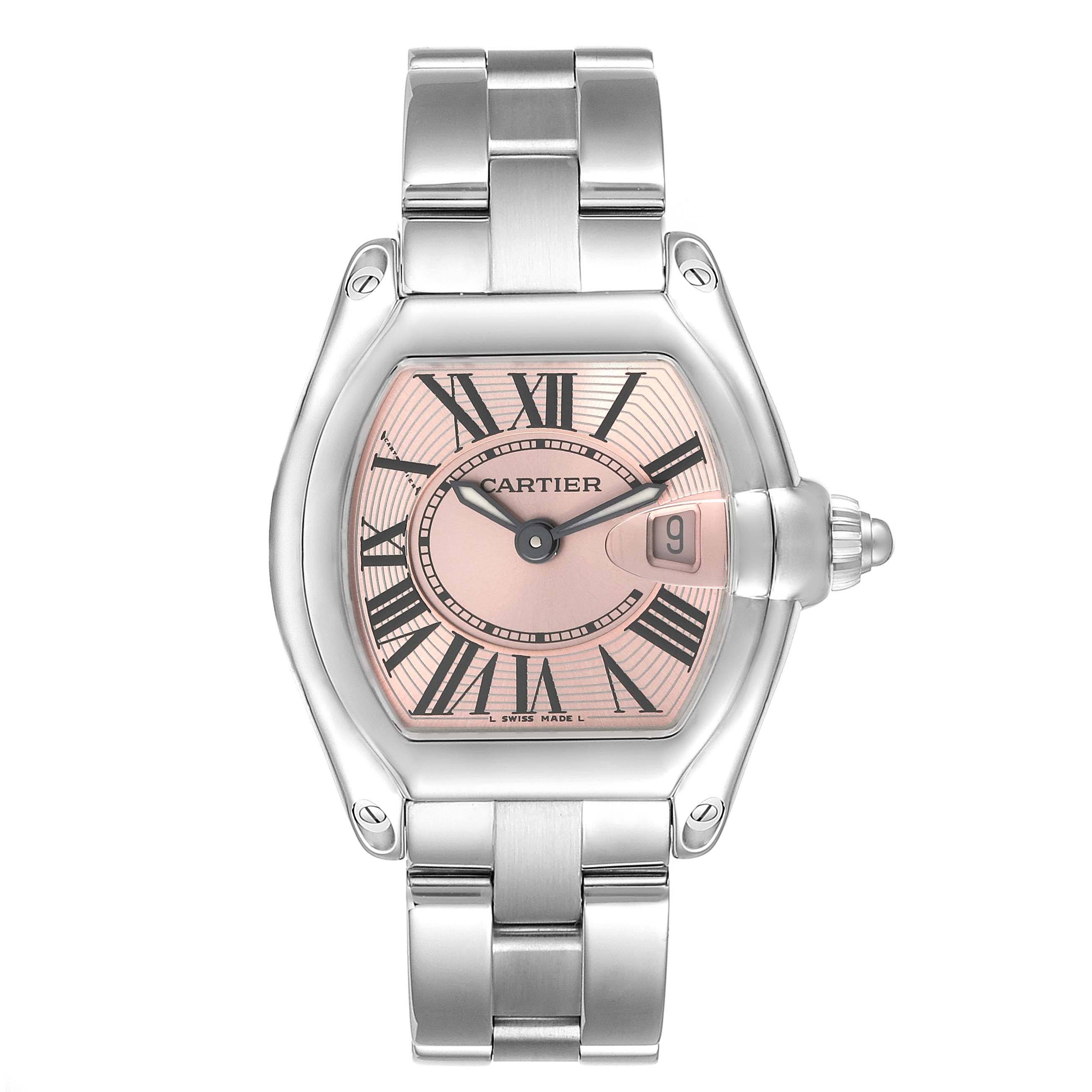 The image shows a front view of a Cartier Roadster W62017V3 Women's Stainless Steel Pink Dial W62017V3 Women's Stainless Steel Pink Dial watch, featuring the dial, hands, bracelet, and date window.