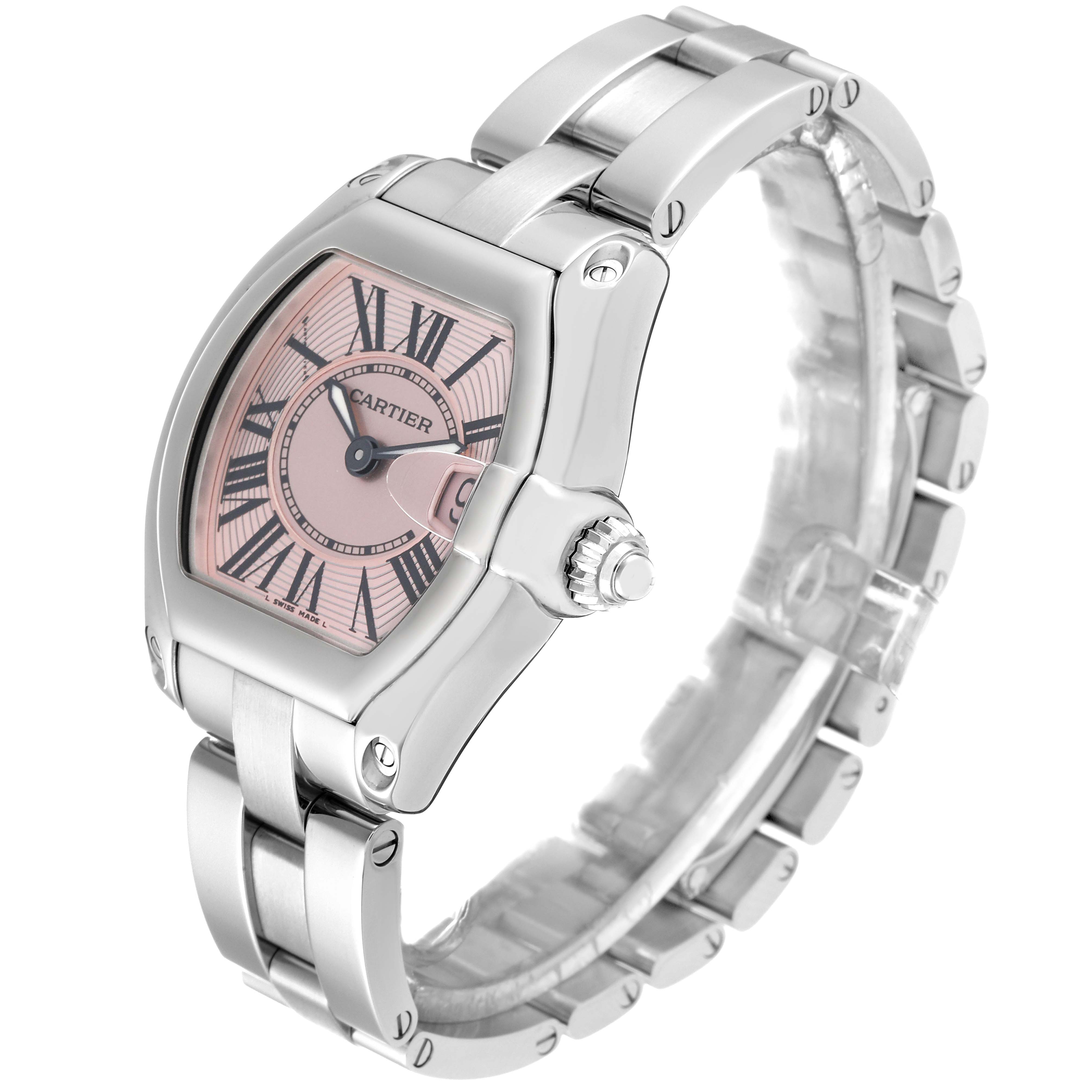 This image shows a side and front angle of the Cartier Roadster W62017V3 Women's Stainless Steel Pink Dial W62017V3 Women's Stainless Steel Pink Dial watch, displaying its case, dial, crown, and bracelet.