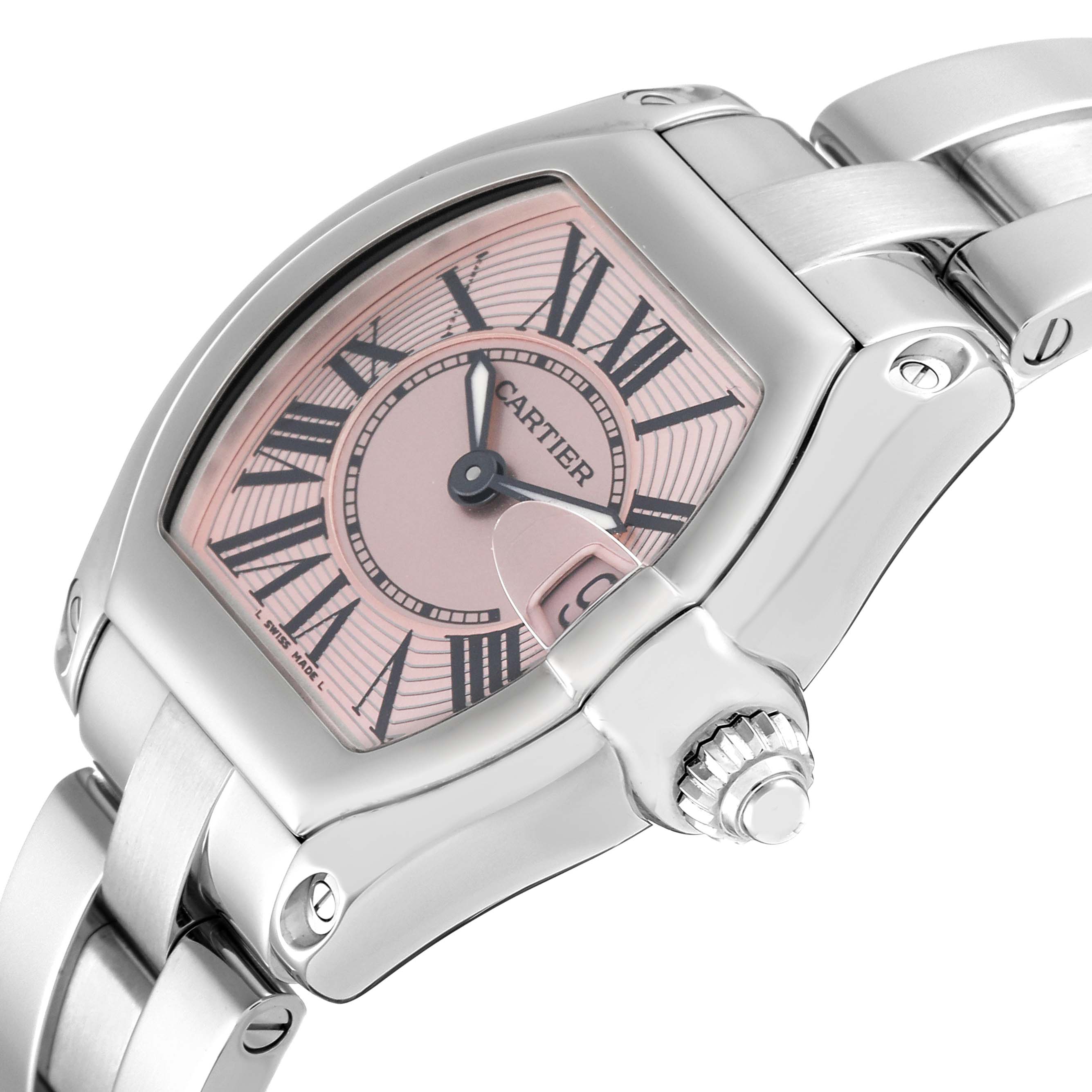 The image shows a close-up of the Cartier Roadster W62017V3 Women's Stainless Steel Pink Dial W62017V3 Women's Stainless Steel Pink Dial watch, highlighting the dial, crown, and part of the bracelet.