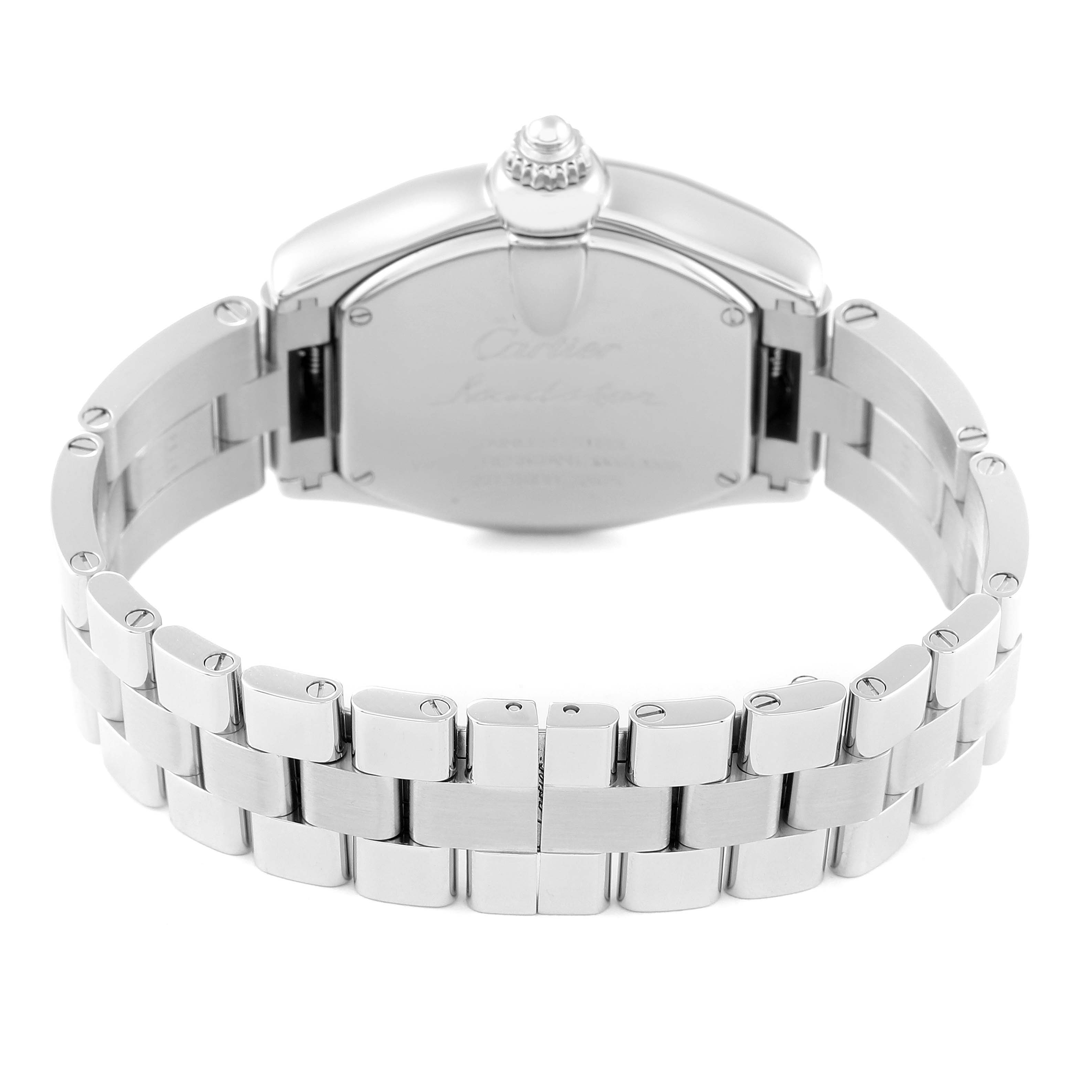 The image shows the back view of the Cartier Roadster W62017V3 Women's Stainless Steel Pink Dial W62017V3 Women's Stainless Steel Pink Dial watch, highlighting the case and bracelet.
