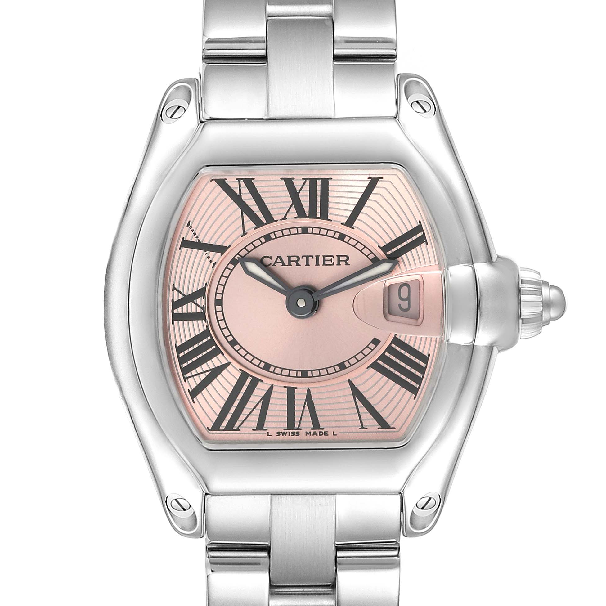 This image shows a front view of a Cartier Roadster W62017V3 Women's Stainless Steel Pink Dial W62017V3 Women's Stainless Steel Pink Dial watch, highlighting its dial, case, and part of the bracelet.