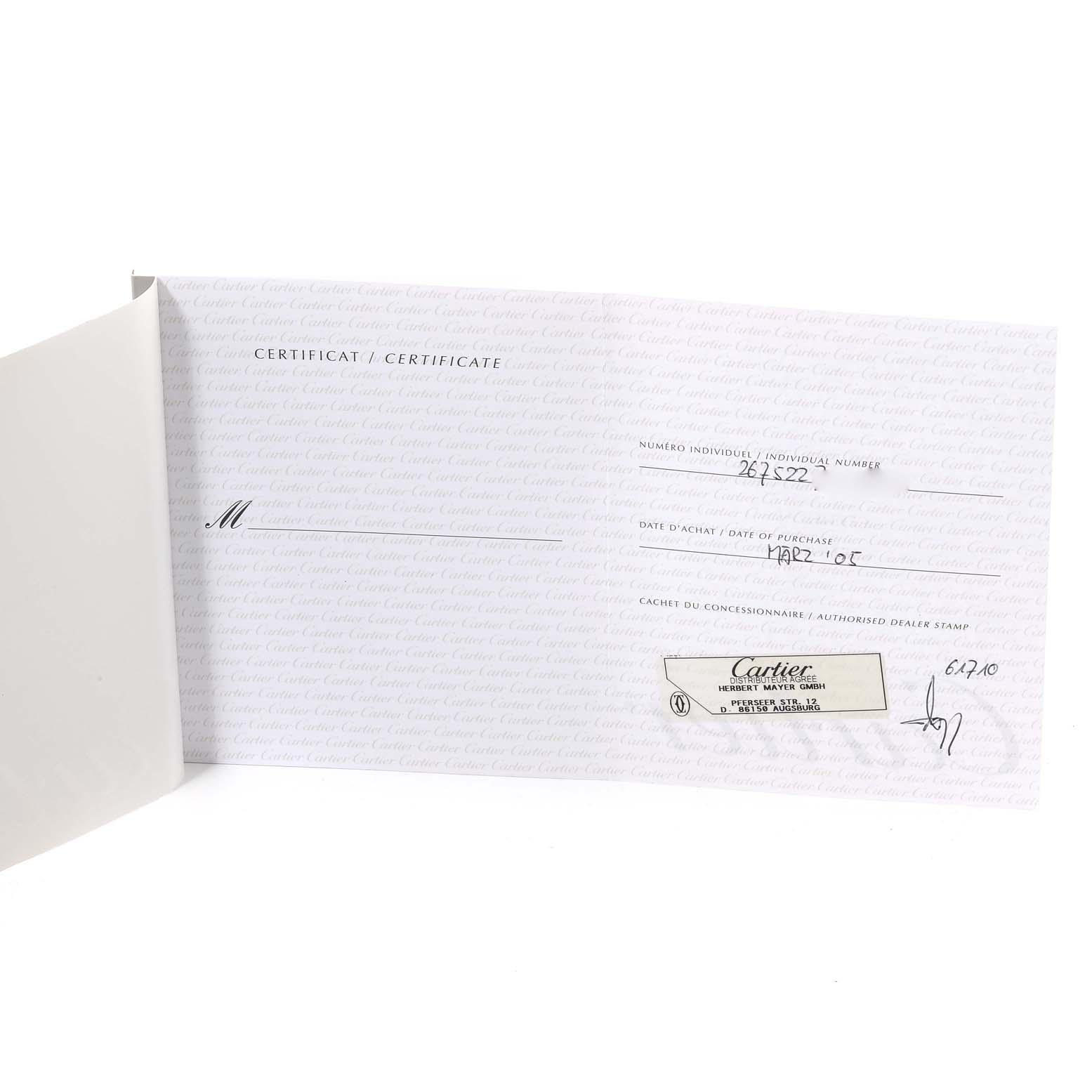 This image shows the certificate of authenticity for the Cartier Roadster W62017V3 Women's Stainless Steel Pink Dial W62017V3 Women's Stainless Steel Pink Dial model watch.