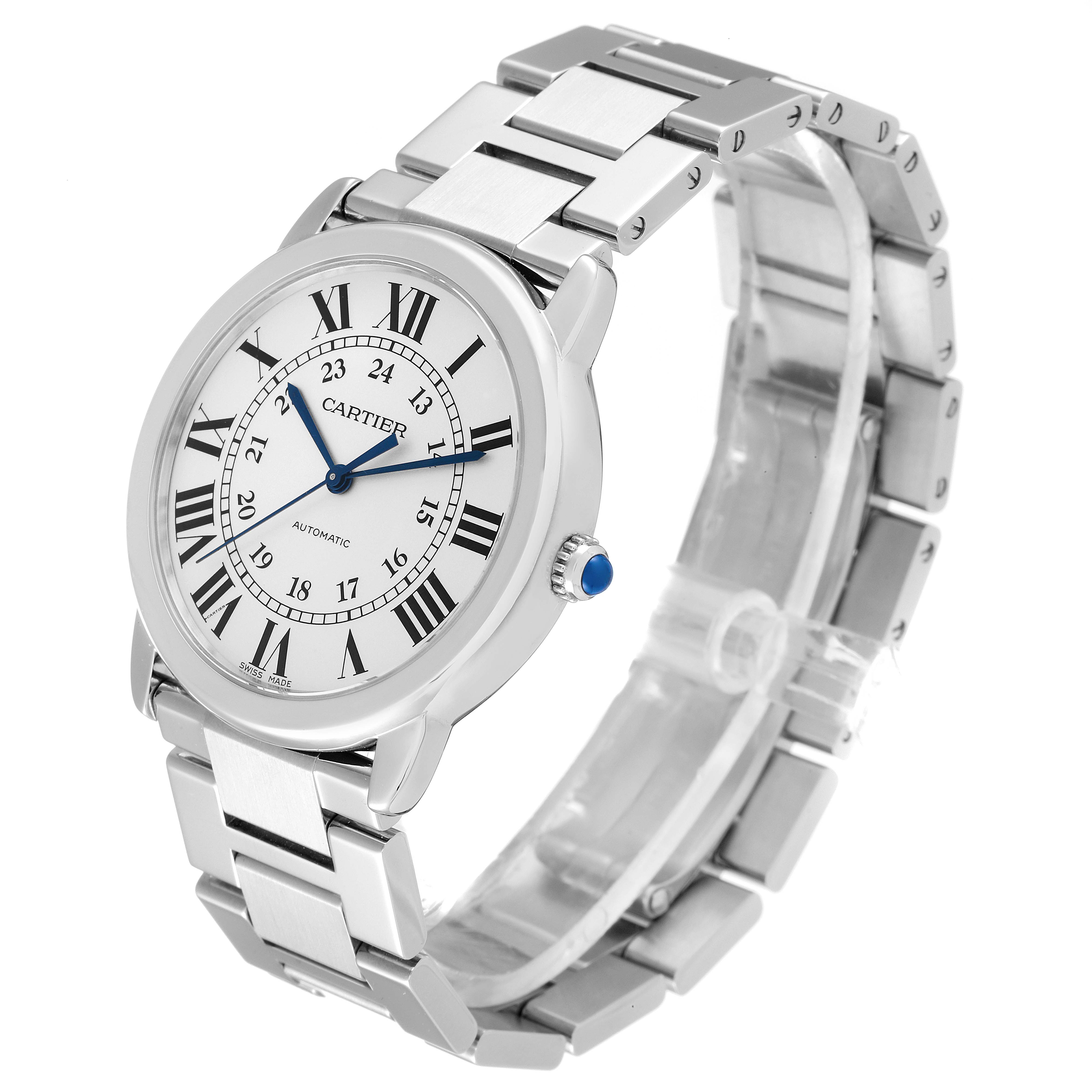 The image shows a Cartier Ronde WSRN0012 Women's Stainless Steel Silver Dial WSRN0012 Women's Stainless Steel Silver Dial watch, viewed from an angle, displaying its face, crown, and metal bracelet.