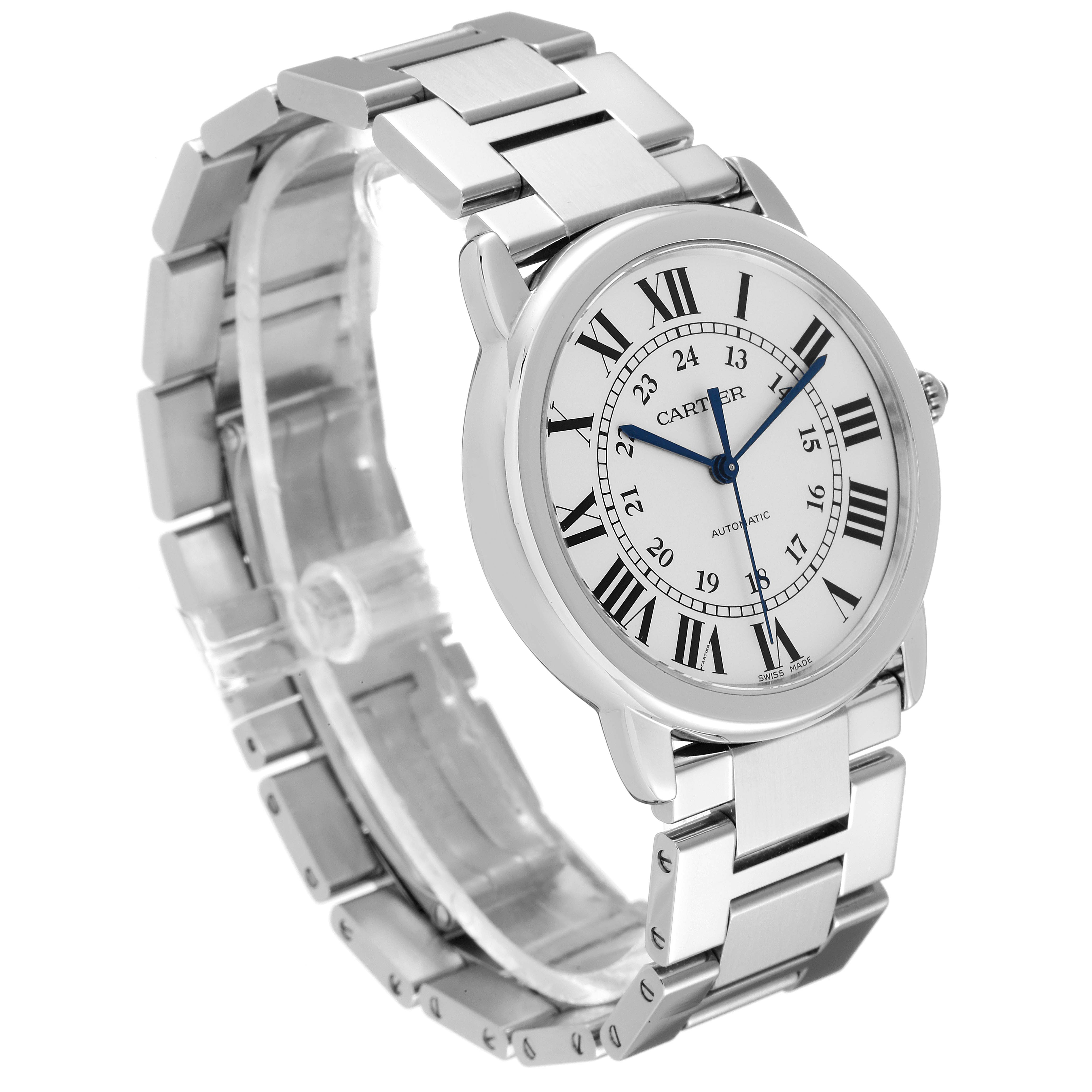 The image shows a Cartier Ronde WSRN0012 Women's Stainless Steel Silver Dial WSRN0012 Women's Stainless Steel Silver Dial model watch from a three-quarter angle, displaying the face, bezel, and metal bracelet.