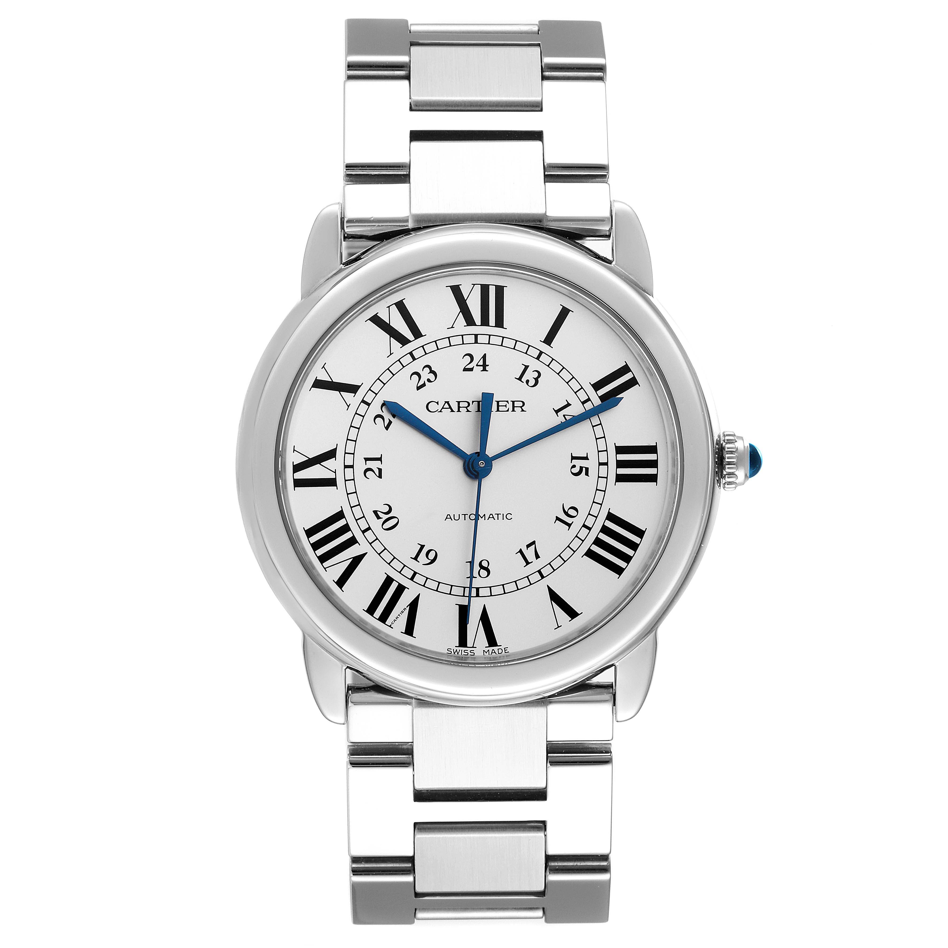 This image shows the front view of a Cartier Ronde WSRN0012 Women's Stainless Steel Silver Dial WSRN0012 Women's Stainless Steel Silver Dial model watch, highlighting its face, bezel, and metal bracelet.