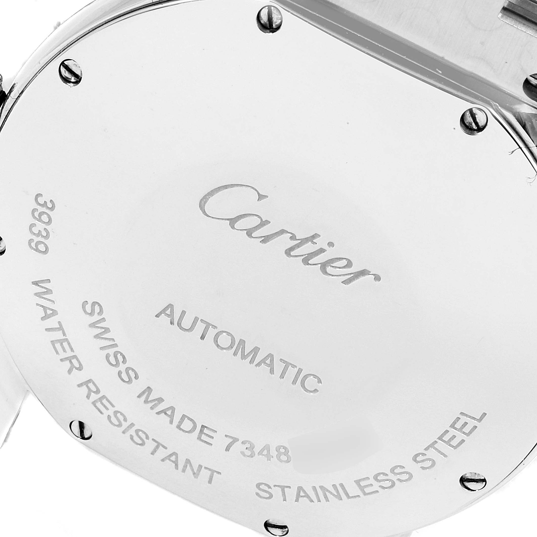 The image shows the back of a Cartier Ronde WSRN0012 Women's Stainless Steel Silver Dial WSRN0012 Women's Stainless Steel Silver Dial watch, highlighting the brand, model, and material details.