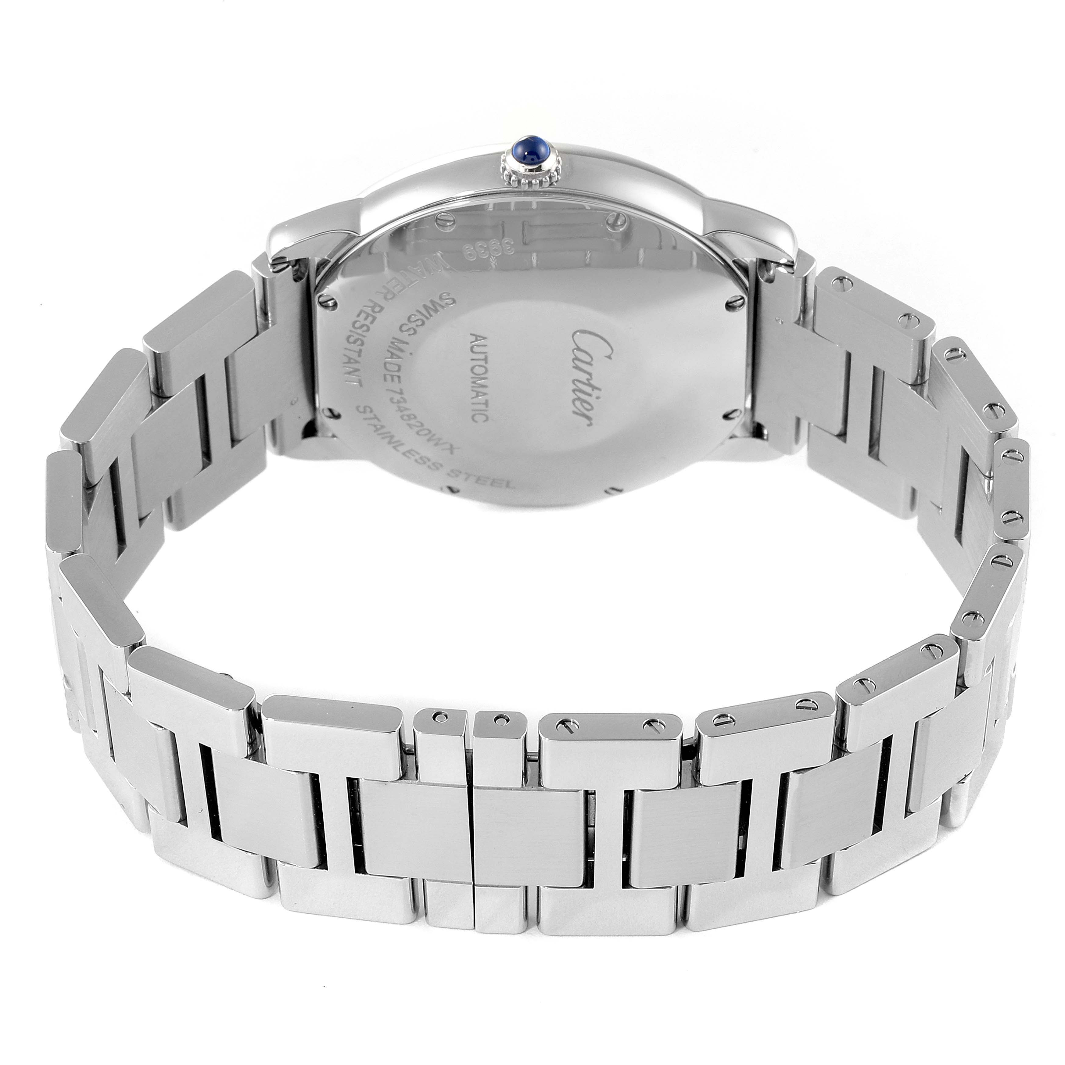 The image shows the back and bracelet of the Cartier Ronde WSRN0012 Women's Stainless Steel Silver Dial WSRN0012 Women's Stainless Steel Silver Dial watch at a slight angle, including the closed clasp and case back details.