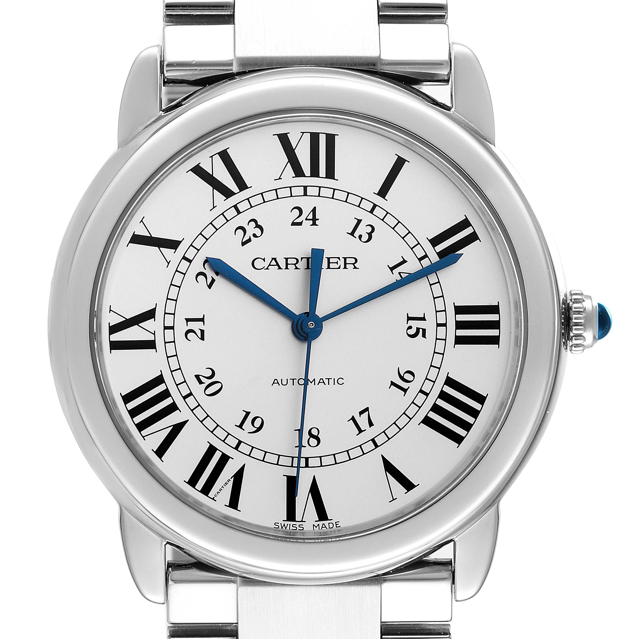 This image displays a frontal view of the Ronde model by Cartier, showing its face, Roman numerals, and metallic bracelet.