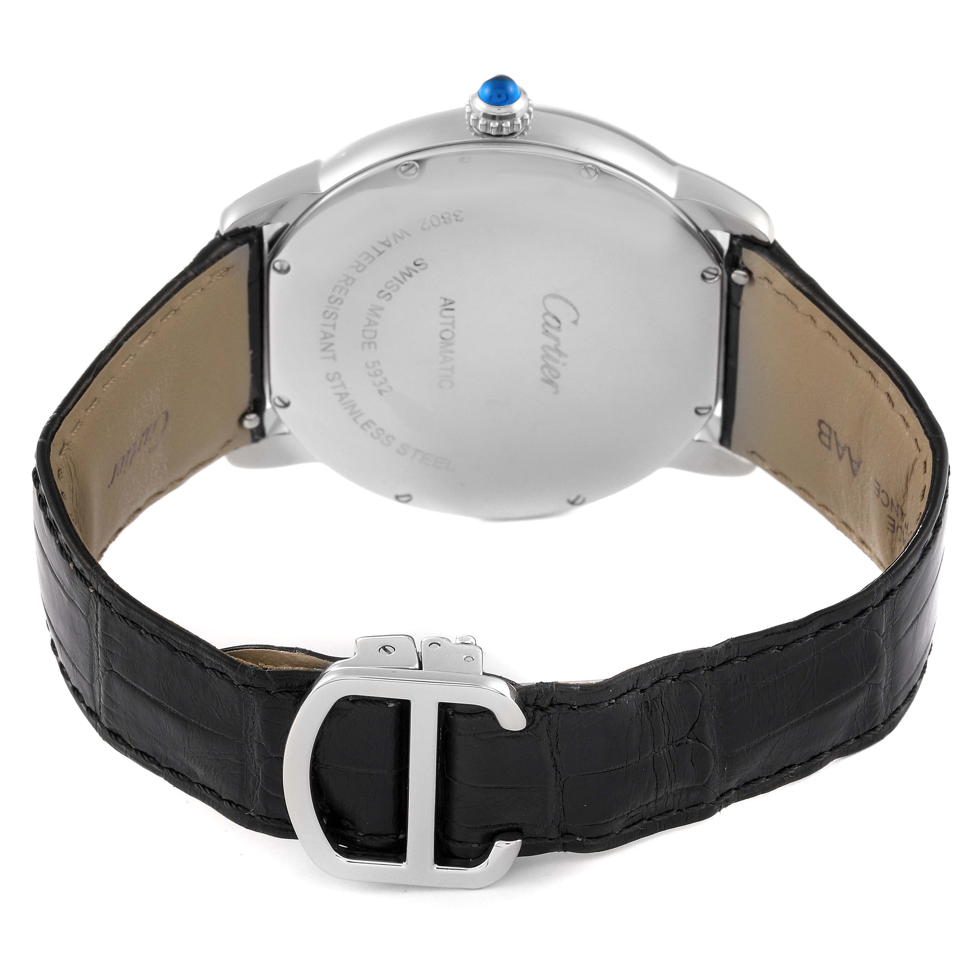 The image shows the back of a Cartier Ronde W6701010 Men
s Stainless Steel Silver Dial W6701010 Men
s Stainless Steel Silver Dial model watch, featuring the case back, crown, and leather strap with buckle.