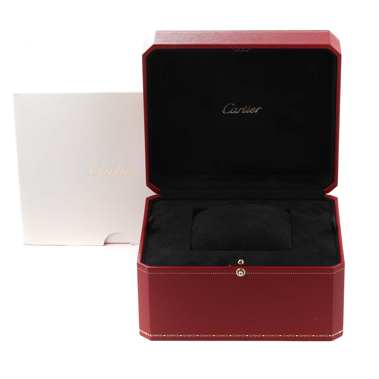 This image shows an open red Cartier watch box for the Ronde model, with a white outer box in the background.