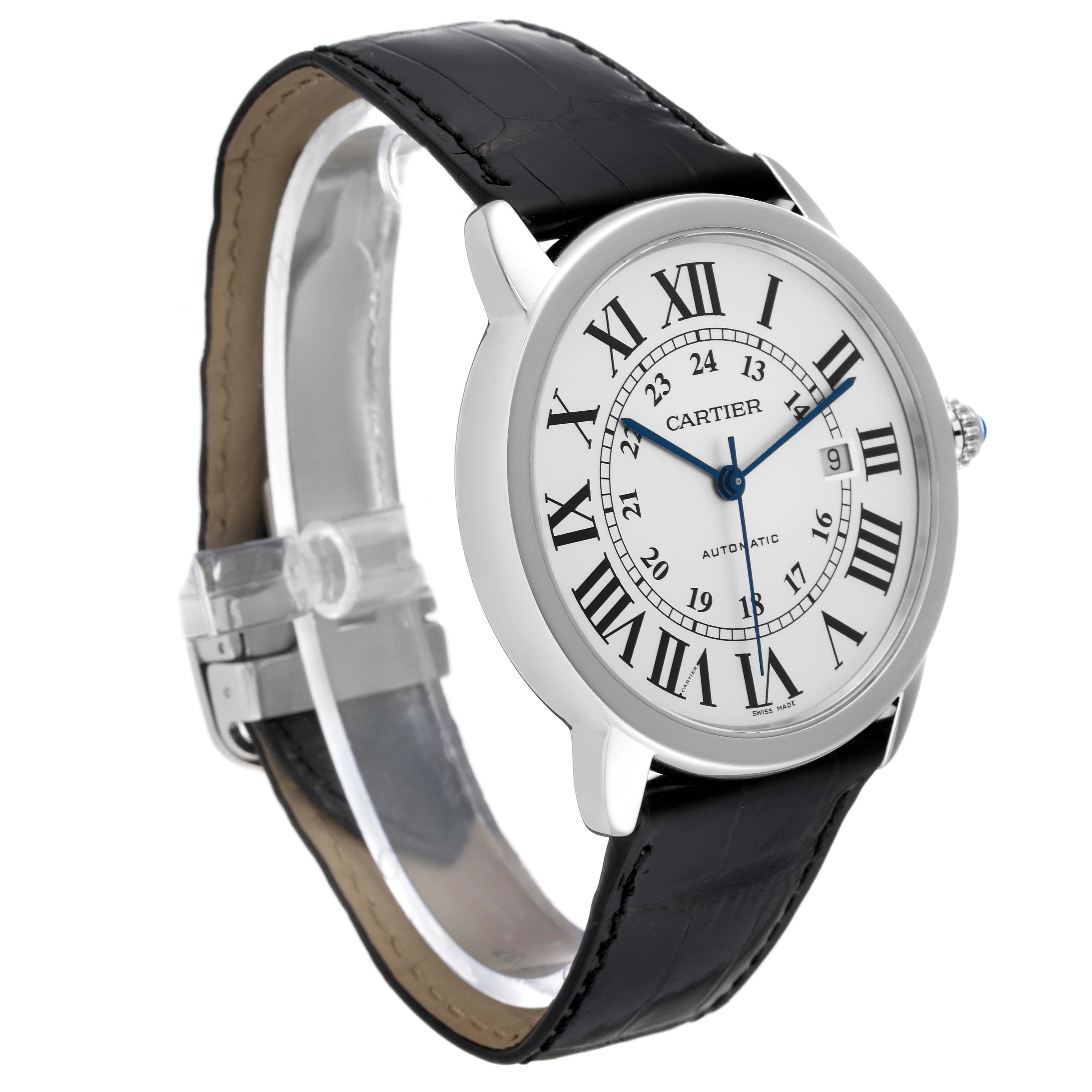 The image shows a Cartier Ronde W6701010 Men
s Stainless Steel Silver Dial W6701010 Men
s Stainless Steel Silver Dial watch at a slight side angle, displaying the face, Roman numerals, blue hands, and black leather strap.