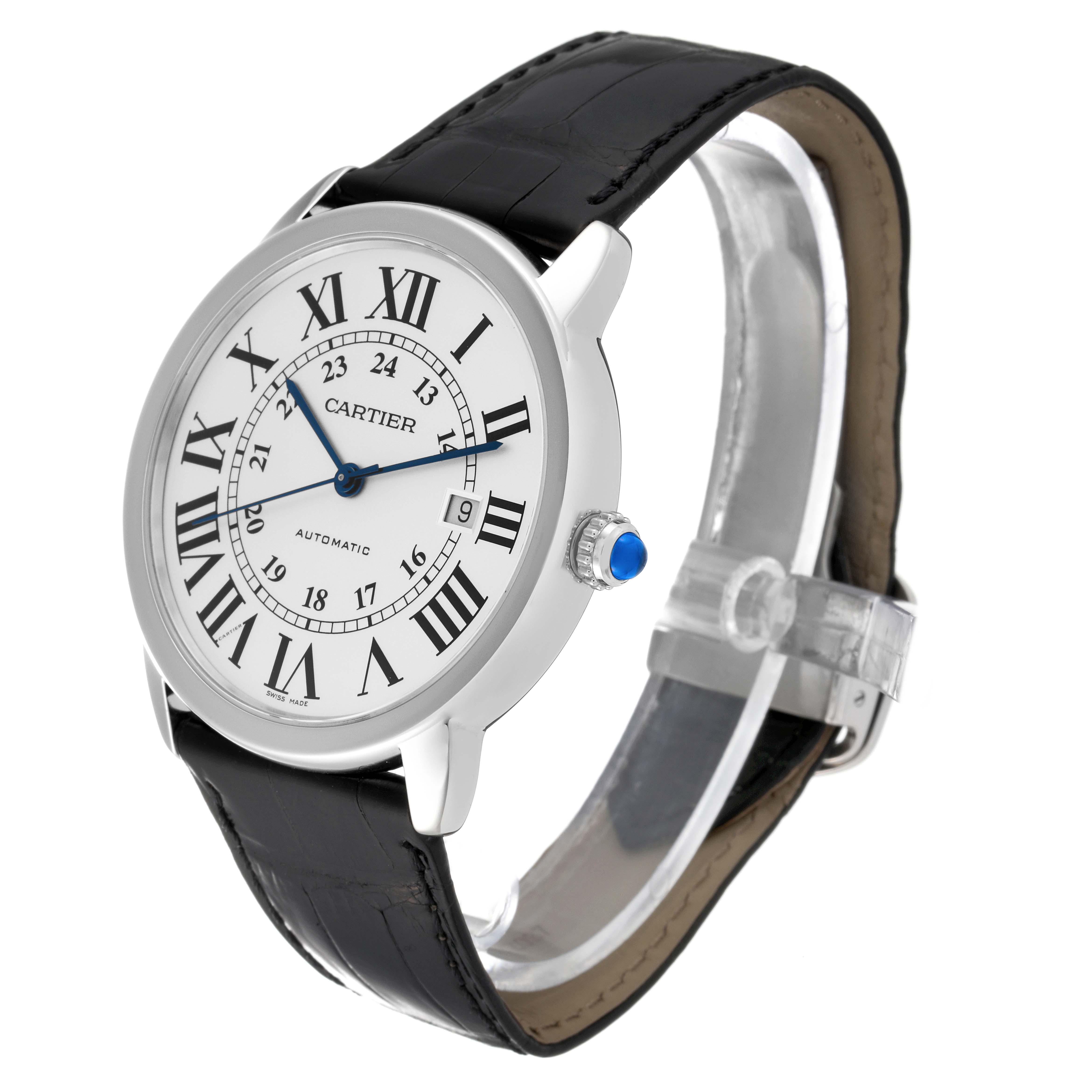 The Cartier Ronde W6701010 Men
s Stainless Steel Silver Dial W6701010 Men
s Stainless Steel Silver Dial watch is shown at a slight left-side angle, displaying the face, bezel, crown, and leather strap.