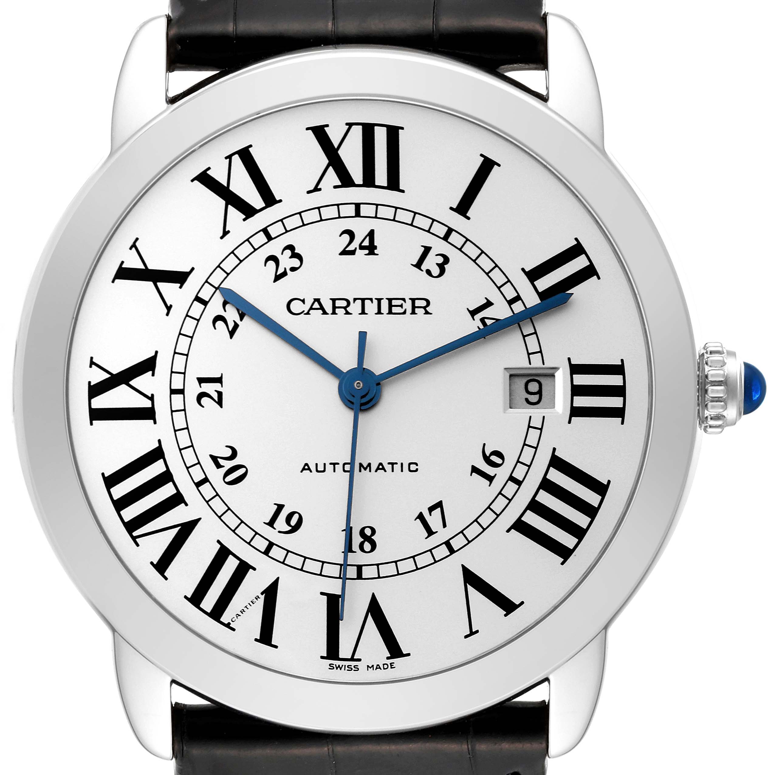 This image shows a front view of the Cartier Ronde W6701010 Men
s Stainless Steel Silver Dial W6701010 Men
s Stainless Steel Silver Dial watch, highlighting its dial, Roman numerals, date window, and crown.