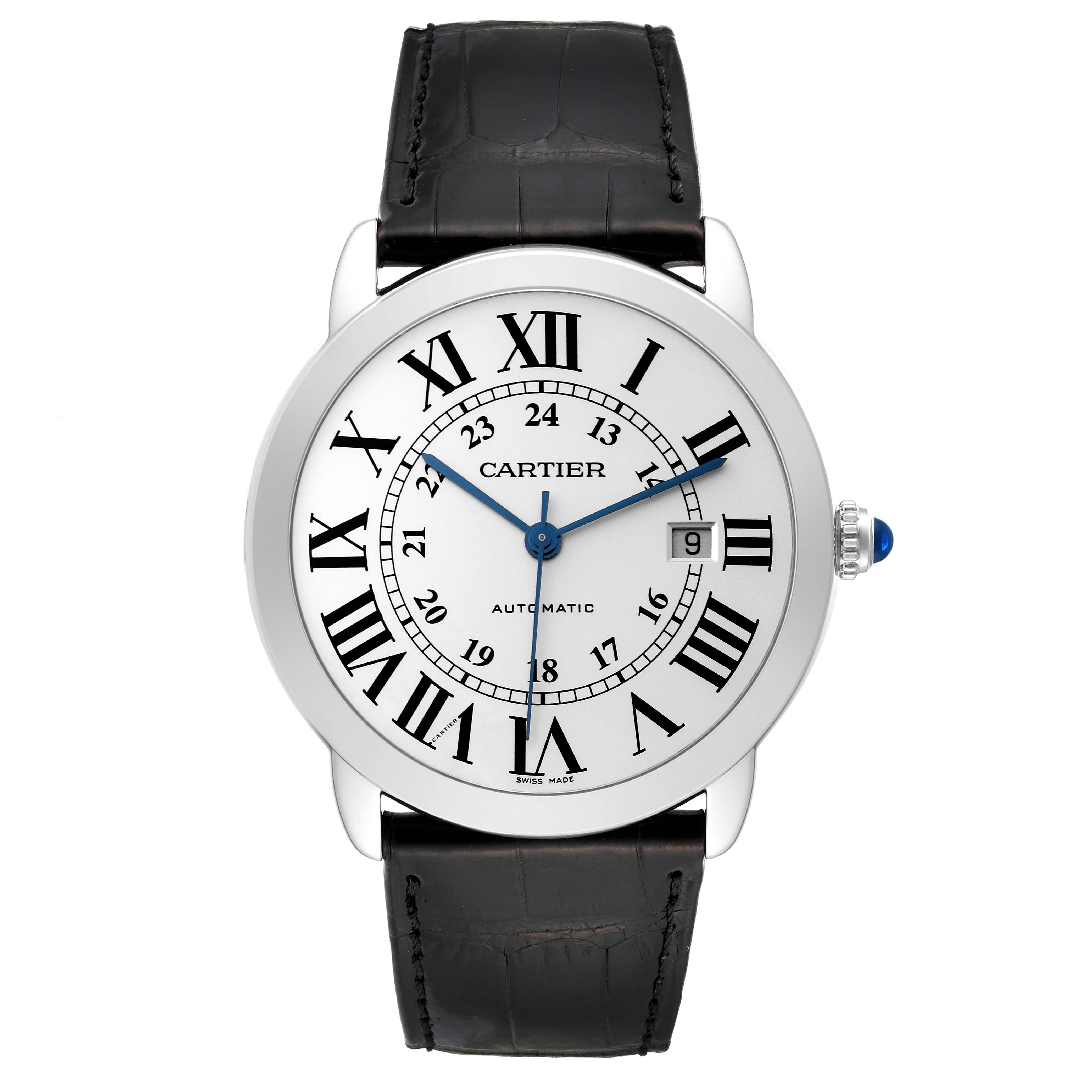The image shows a frontal view of a Cartier Ronde W6701010 Men
s Stainless Steel Silver Dial W6701010 Men
s Stainless Steel Silver Dial model watch featuring Roman numerals and a black leather strap.