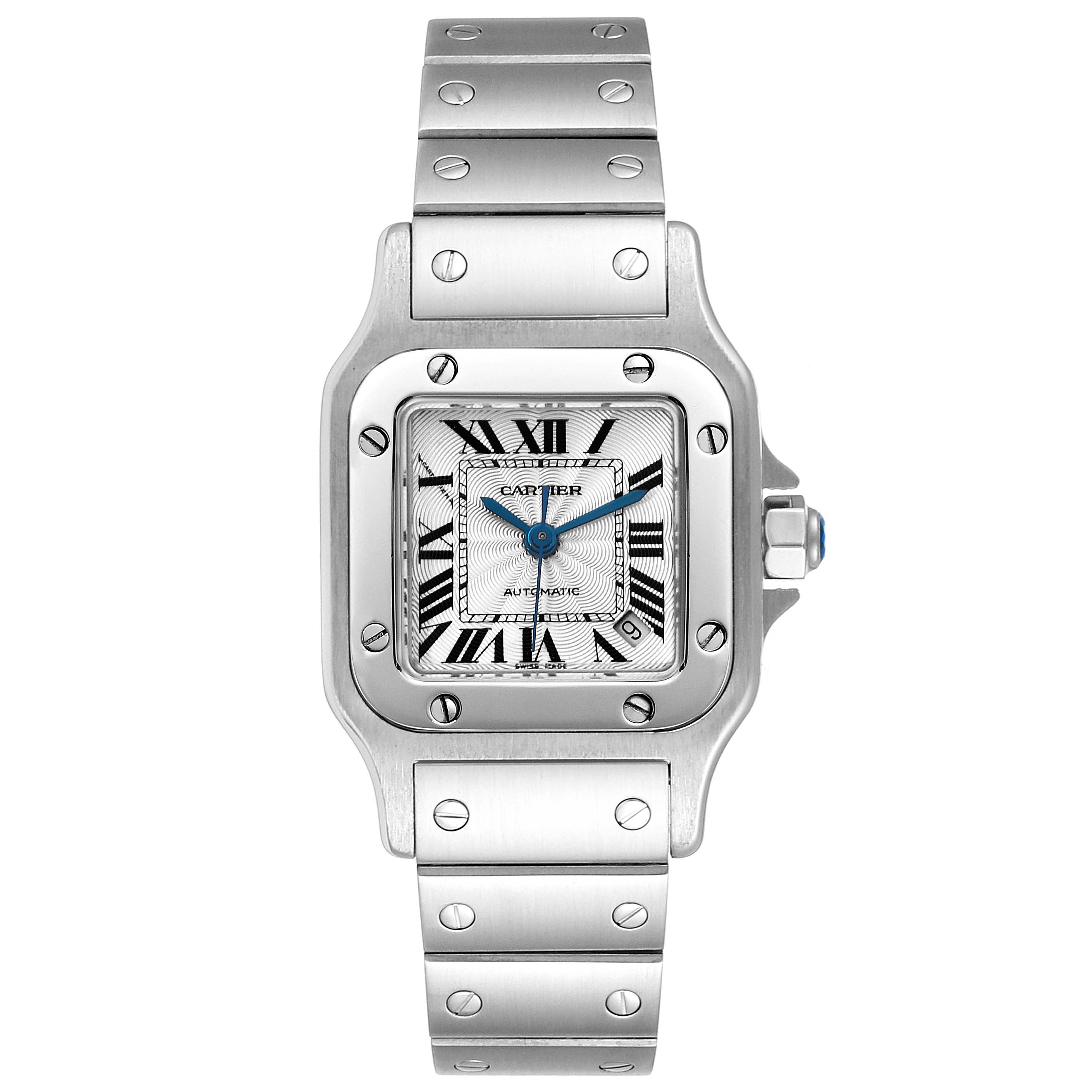 The image shows a front view of a Santos de Cartier watch with its bracelet, face, and crown clearly visible.