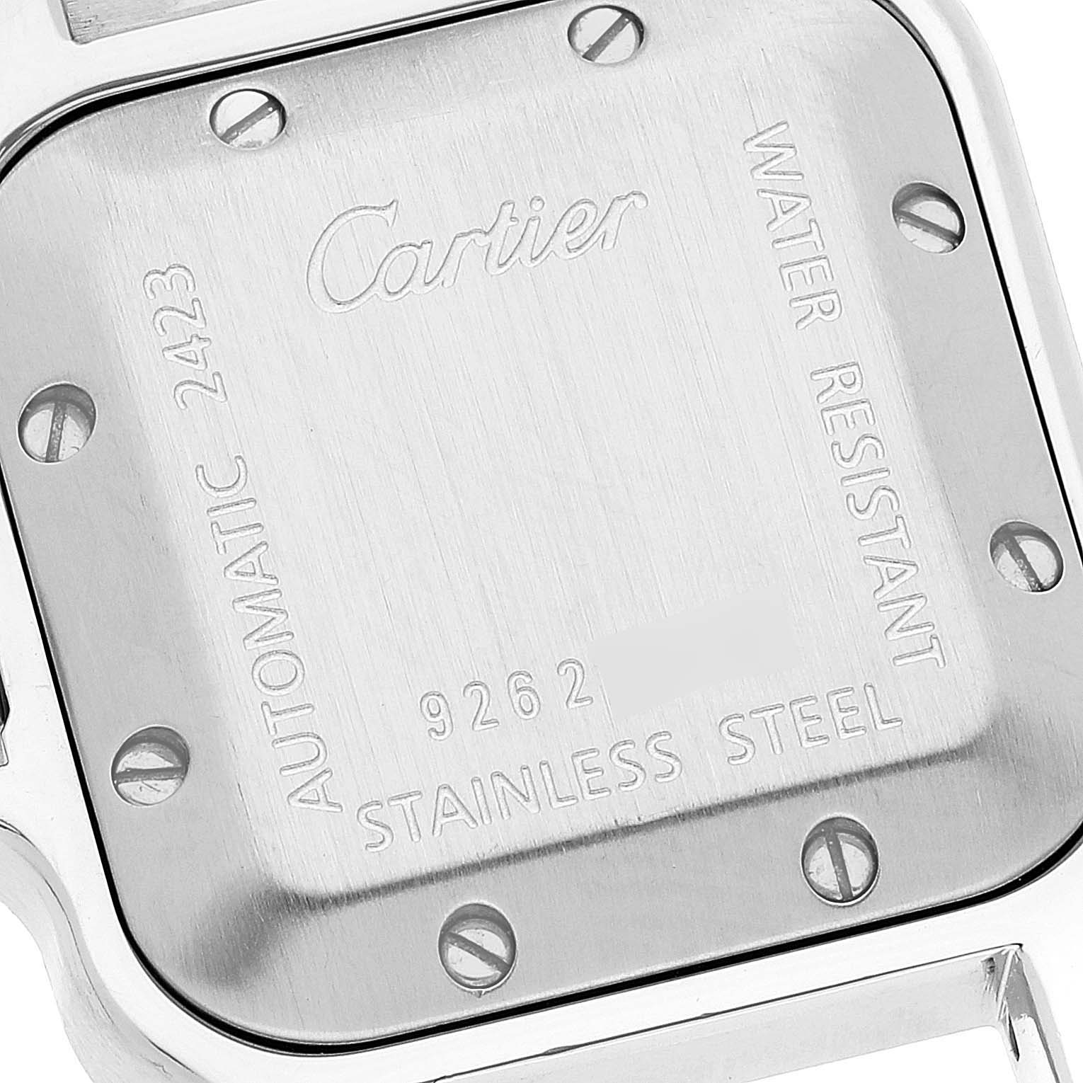 This image shows the case back of the Cartier Santos W20054D6 Women's Stainless Steel Silver Dial W20054D6 Women's Stainless Steel Silver Dial watch at a close-up angle.