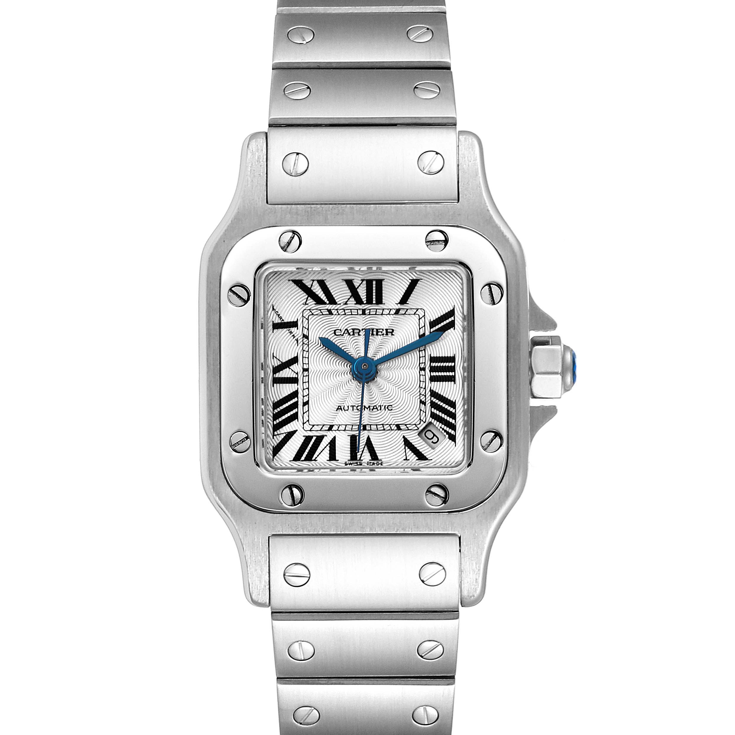 The image shows a front view of the Cartier Santos W20054D6 Women's Stainless Steel Silver Dial W20054D6 Women's Stainless Steel Silver Dial model watch, featuring a square face, Roman numerals, and metal bracelet.