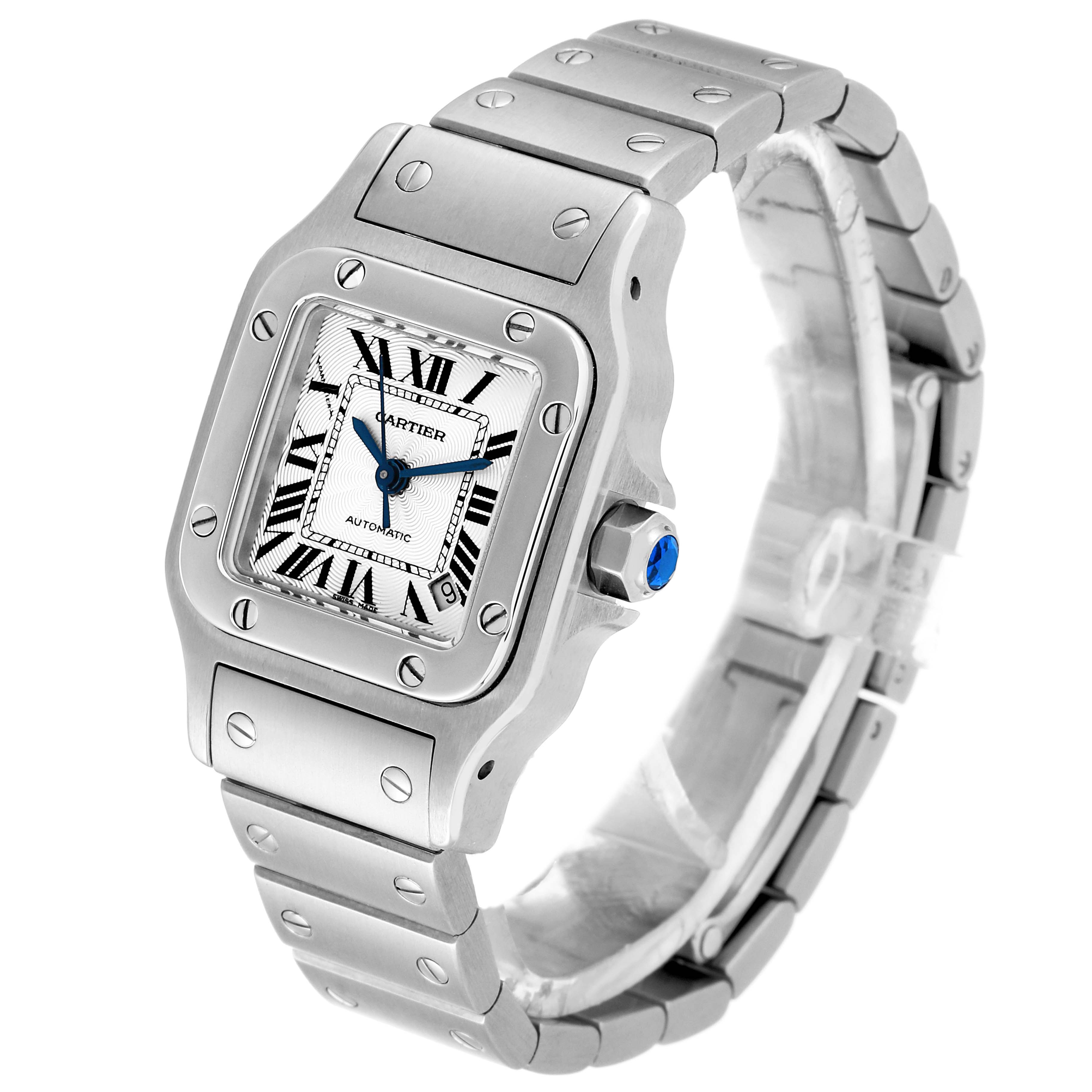 The image shows the front and side angle of a Cartier Santos W20054D6 Women's Stainless Steel Silver Dial W20054D6 Women's Stainless Steel Silver Dial watch, detailing the dial, bezel, crown, and bracelet.