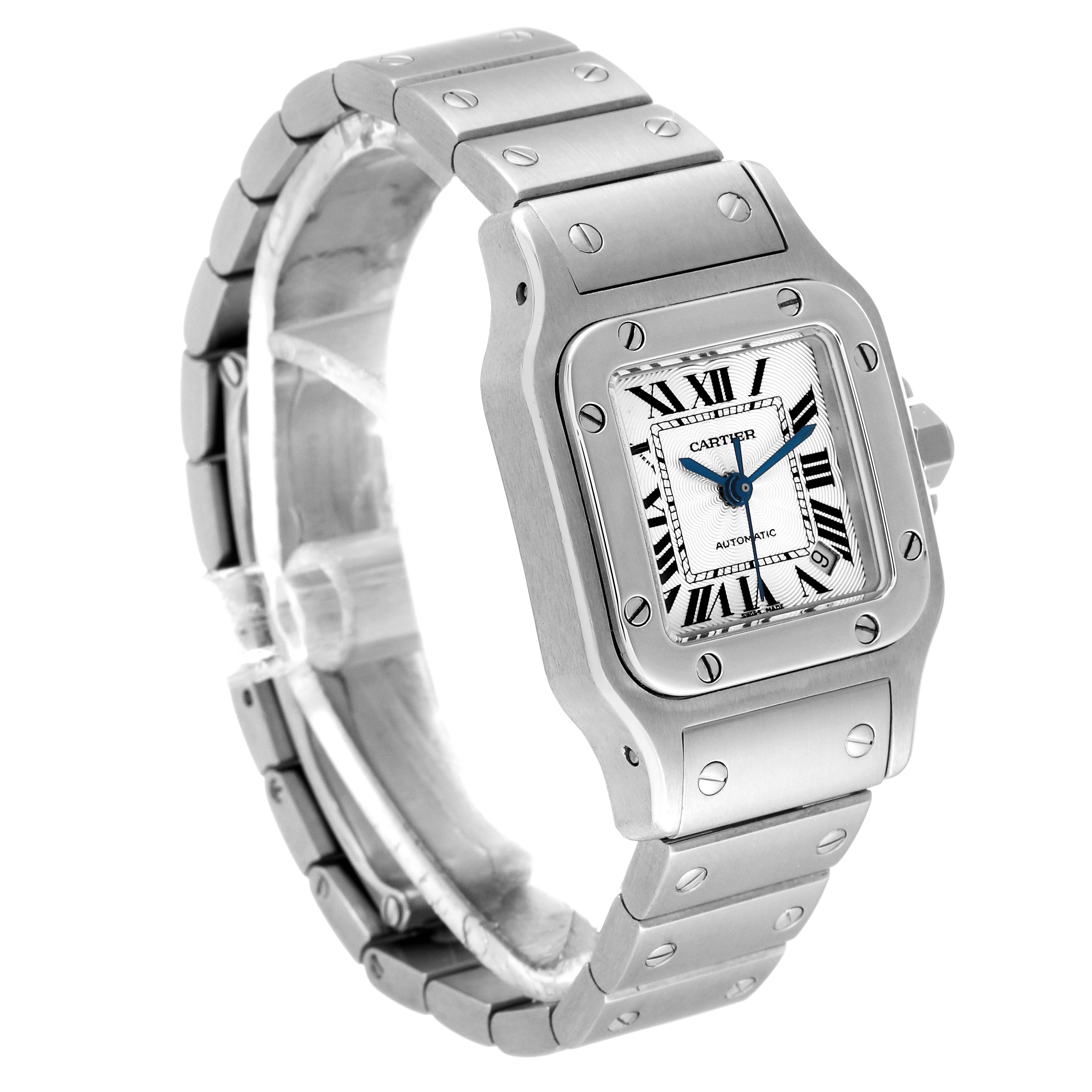 The image shows a Cartier Santos W20054D6 Women's Stainless Steel Silver Dial W20054D6 Women's Stainless Steel Silver Dial model watch at an angle displaying the face, bezel, and metal bracelet.