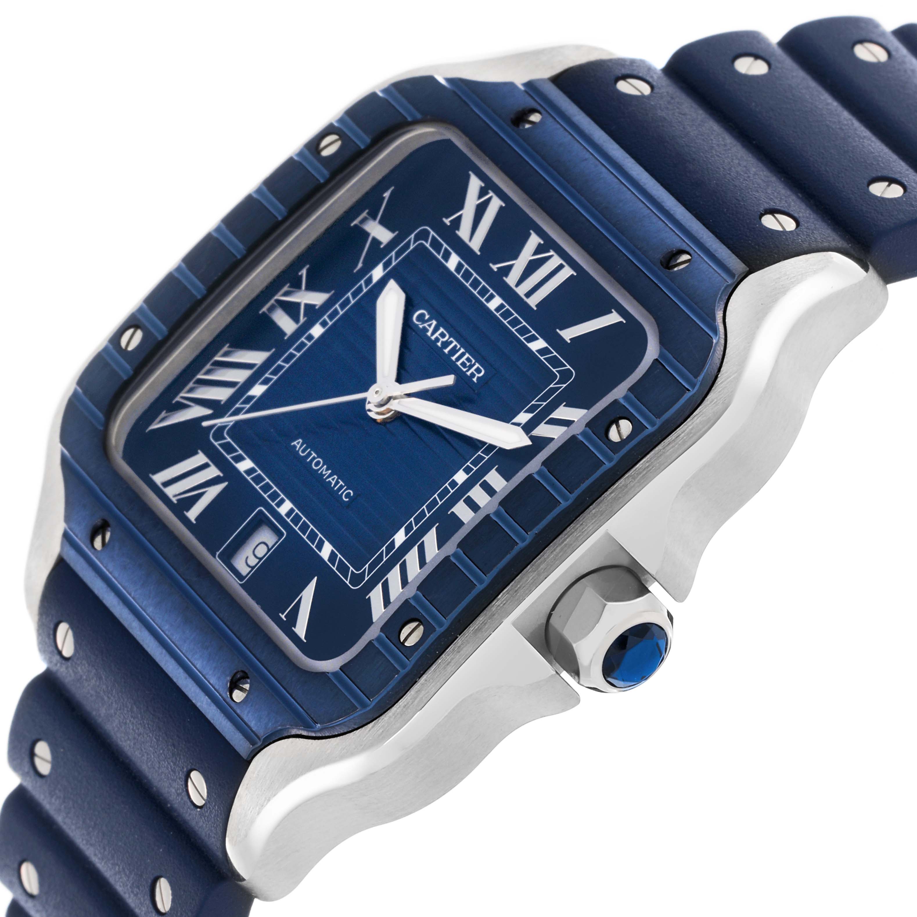 The Cartier Santos WSSA0048 Men's Stainless Steel Blue Dial WSSA0048 Men's Stainless Steel Blue Dial watch is shown at an angled close-up, highlighting its blue face, Roman numerals, and metal casing.