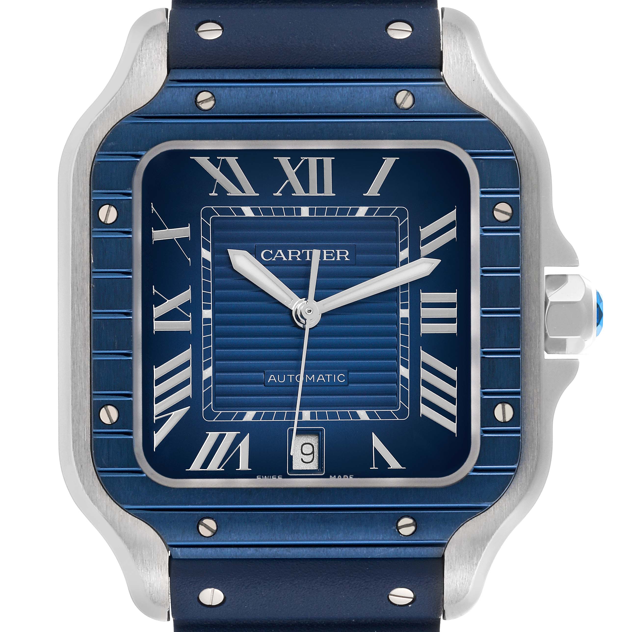 The Cartier Santos WSSA0048 Men's Stainless Steel Blue Dial WSSA0048 Men's Stainless Steel Blue Dial watch is shown from a frontal angle, highlighting its blue dial, Roman numerals, and metallic case.