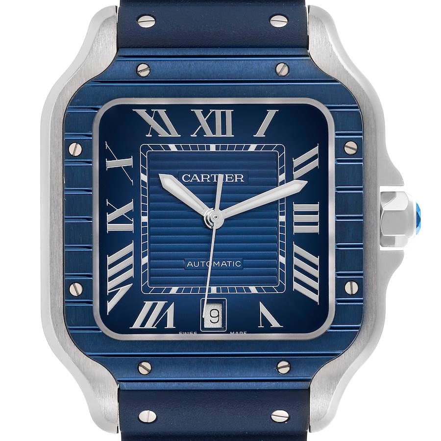 The Cartier Santos watch is shown from a frontal angle, highlighting its blue dial, Roman numerals, and metallic case.