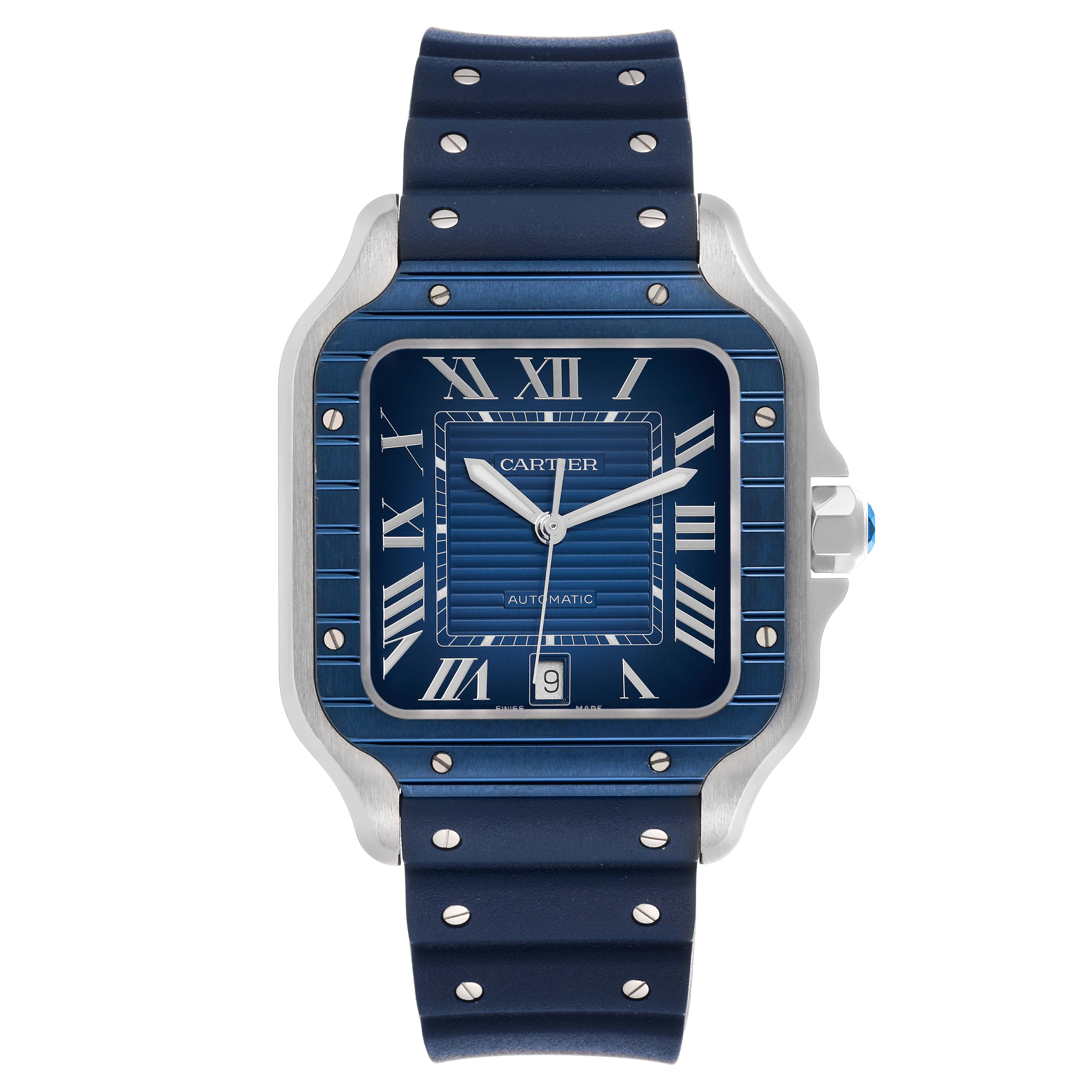 The image shows a frontal view of a Cartier Santos WSSA0048 Men's Stainless Steel Blue Dial WSSA0048 Men's Stainless Steel Blue Dial watch with a blue dial and strap, highlighting the Roman numerals and date display.