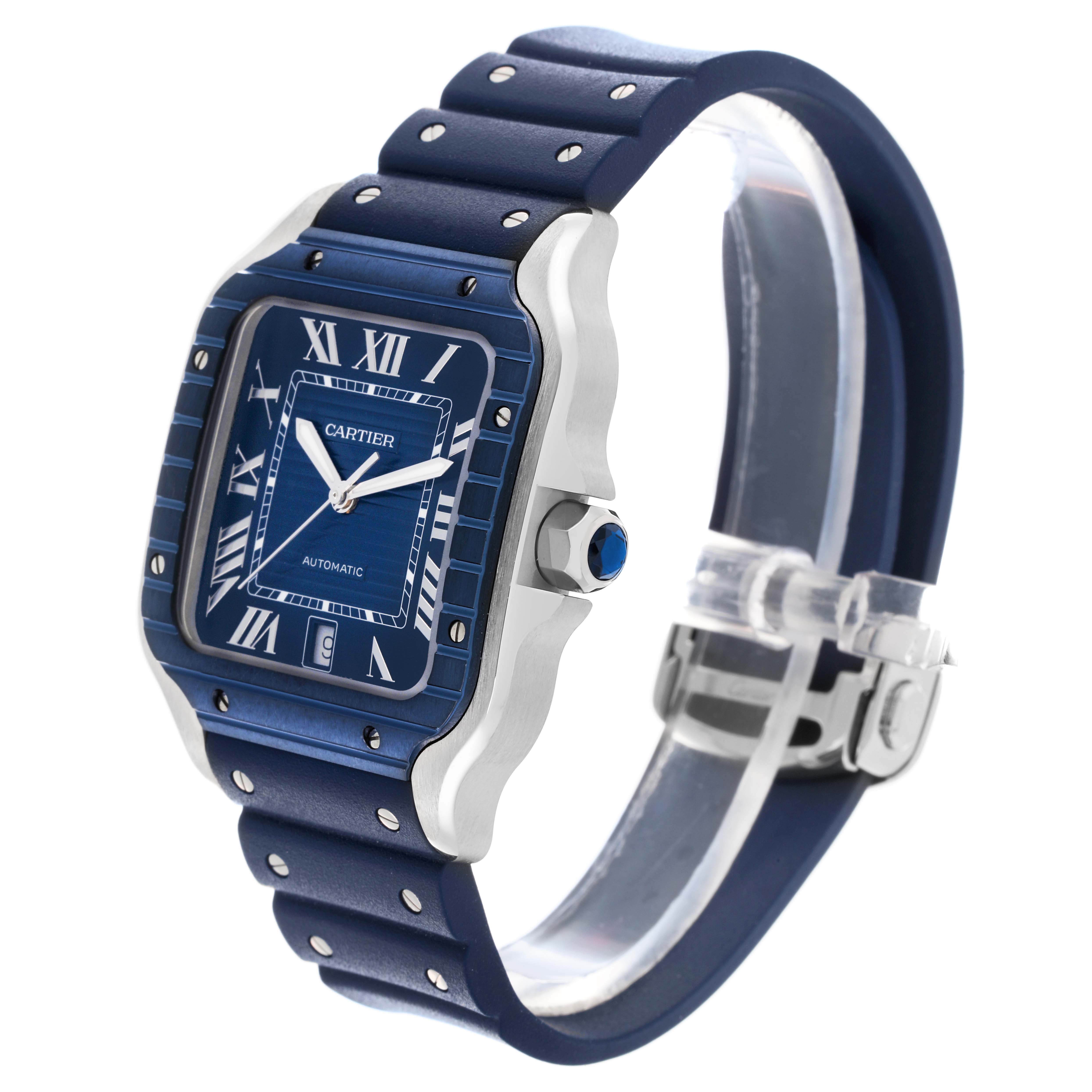 The image shows a Cartier Santos WSSA0048 Men's Stainless Steel Blue Dial WSSA0048 Men's Stainless Steel Blue Dial model watch at a three-quarter angle, displaying the face, bezel, crown, and strap.