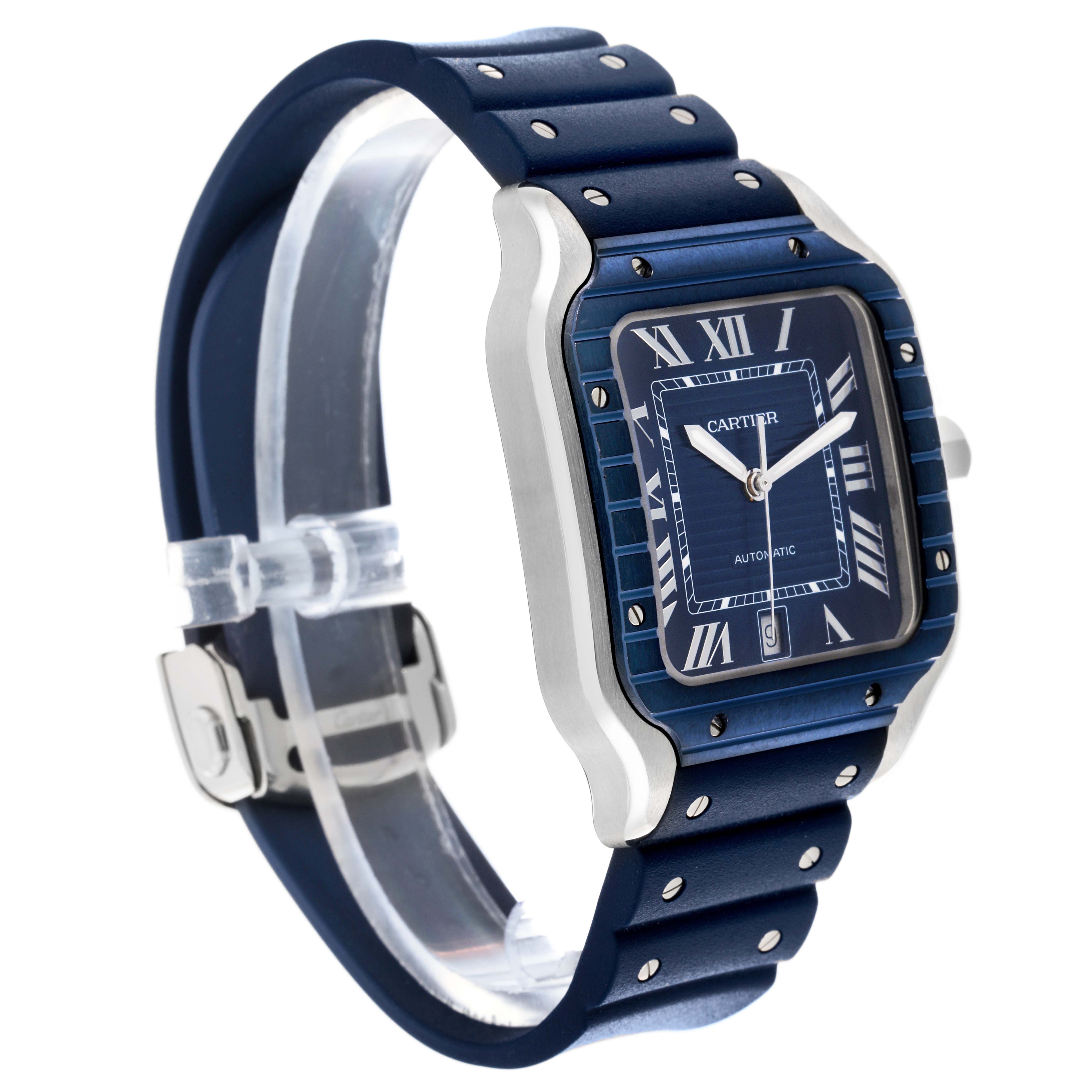 The Cartier Santos WSSA0048 Men's Stainless Steel Blue Dial WSSA0048 Men's Stainless Steel Blue Dial watch is shown at a three-quarter angle, highlighting the blue bezel, Roman numeral dial, and bracelet.