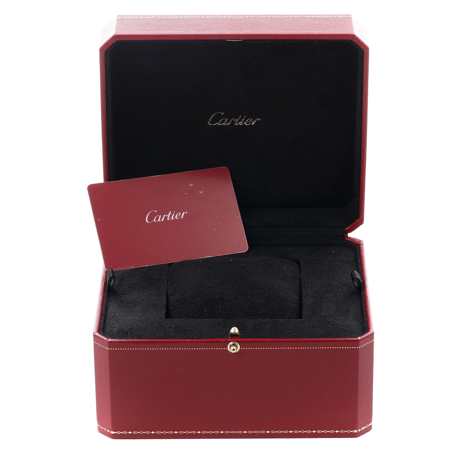 The image shows the open box for a Santos model by Cartier, with a red Cartier card and black interior.