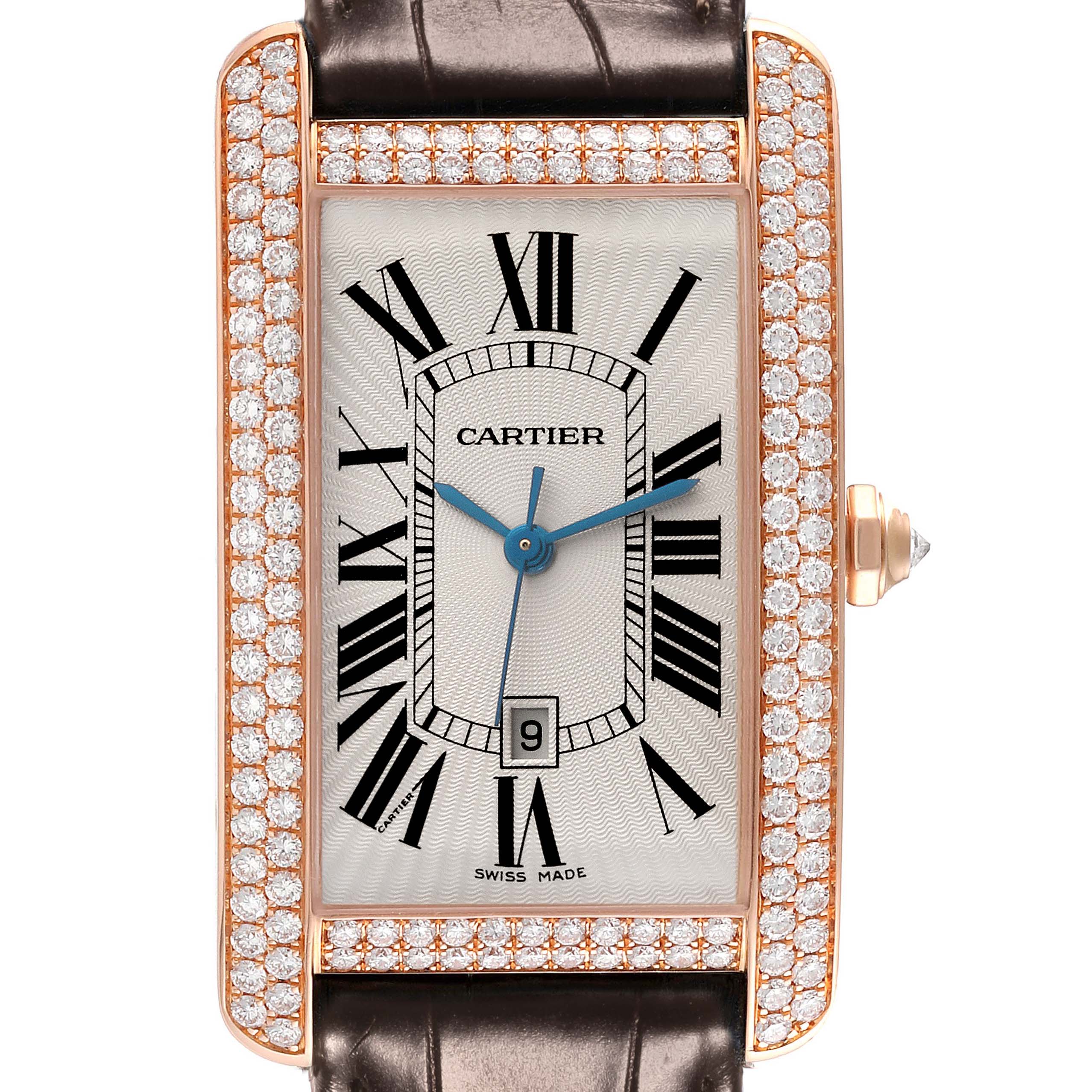 The Cartier Tank Americaine WB704851 Men's Rose Gold Silver Dial WB704851 Men's Rose Gold Silver Dial watch is shown from the front, highlighting its dial, Roman numerals, and diamond-set bezel.